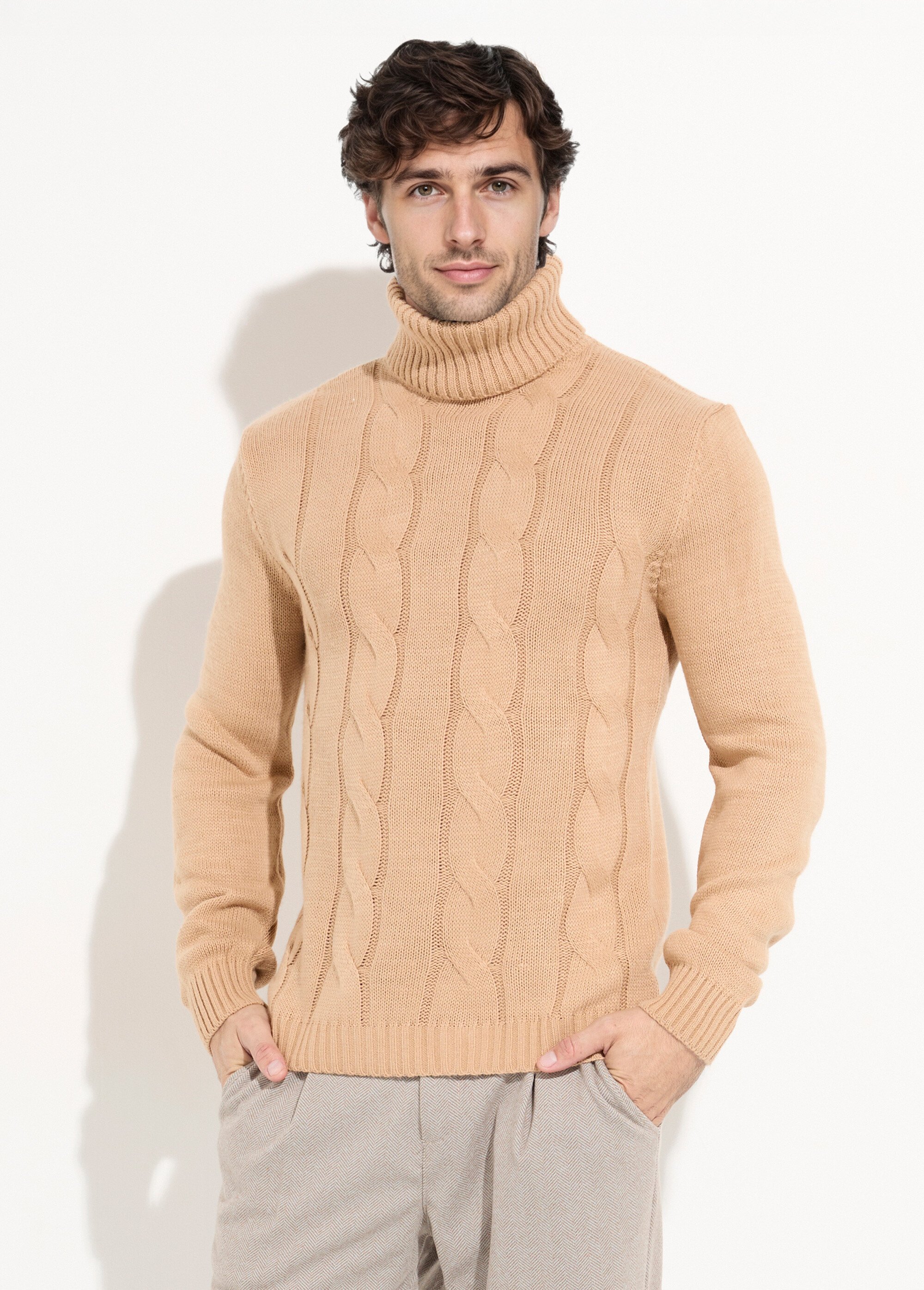 Pull irlandais col roulé chaud avec laine Homme Beige DYL1928 FA1