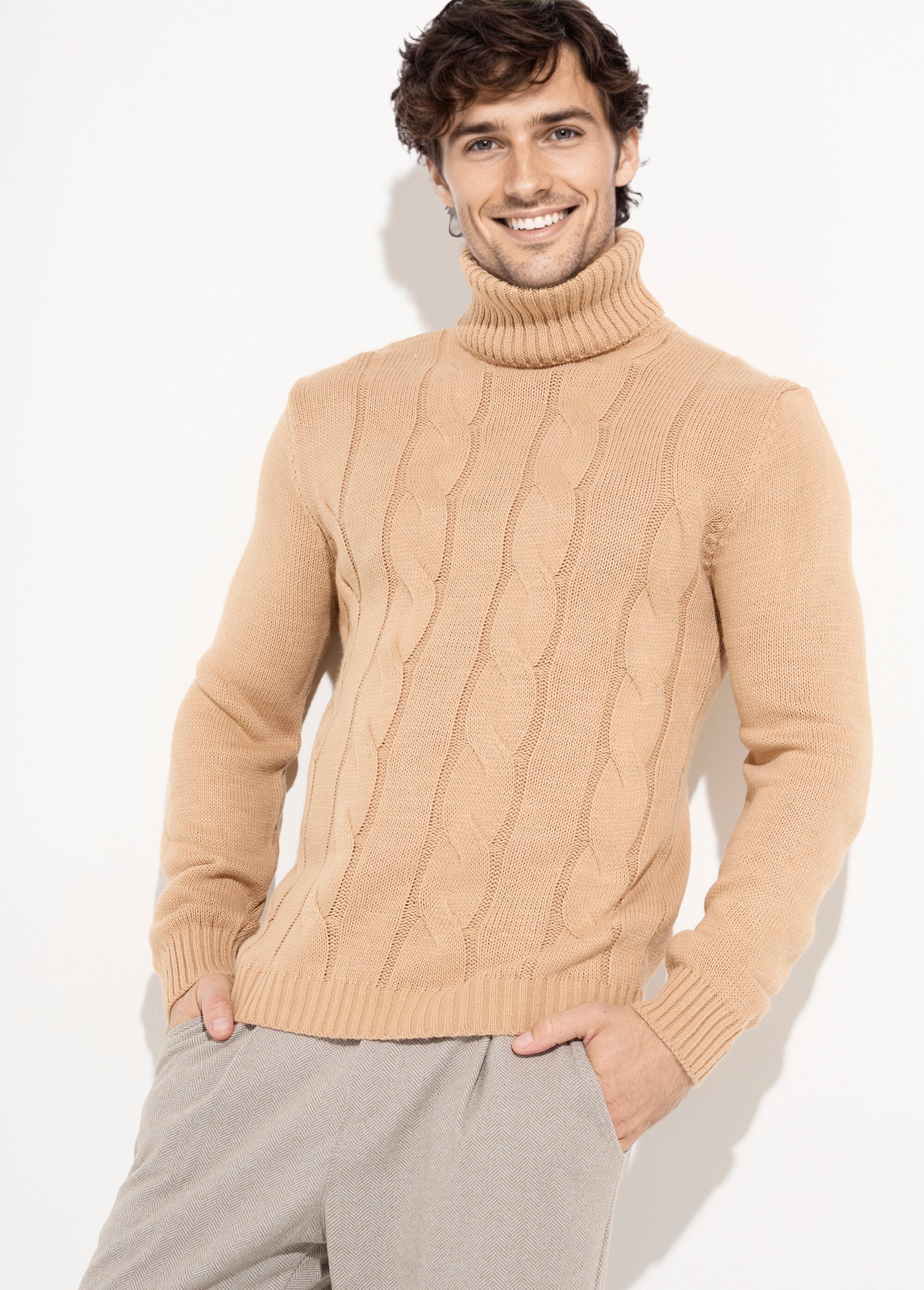 Pull irlandais col roulé chaud avec laine Homme Beige DYL1928 MV1