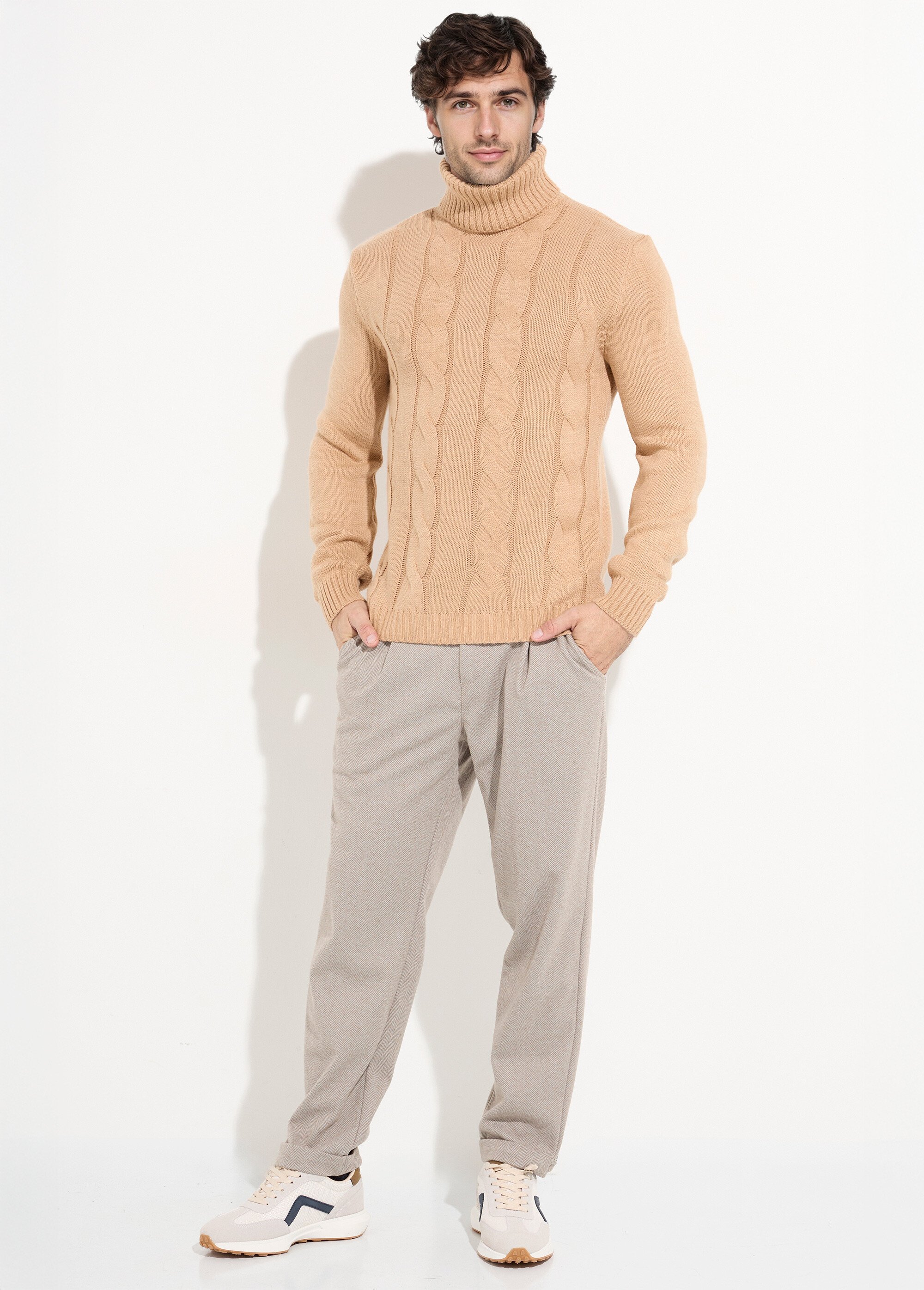 Pull irlandais col roulé chaud avec laine Homme Beige DYL1928 SF1