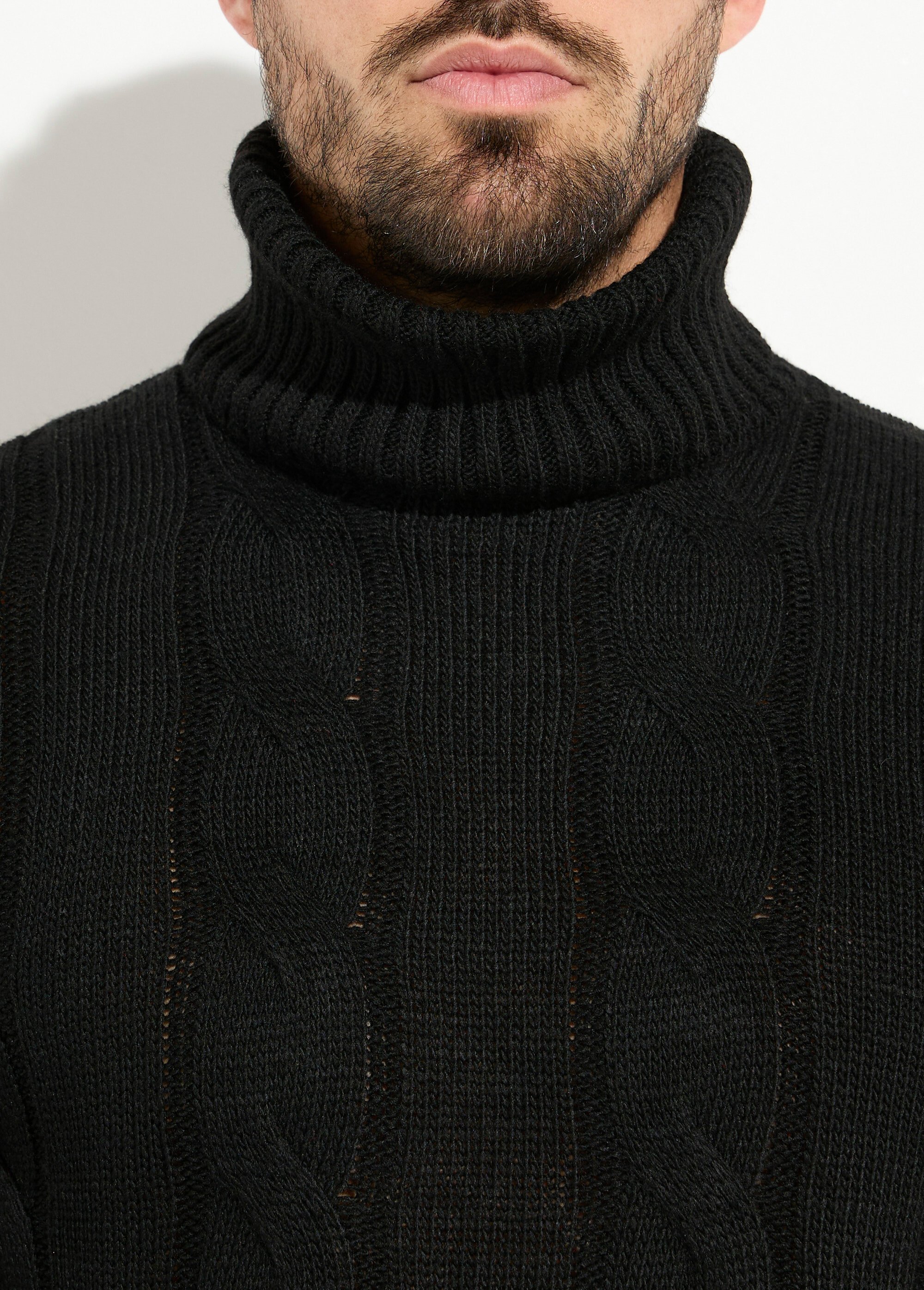 Pull irlandais col roulé chaud avec laine Homme Noir DYL1928 DE1