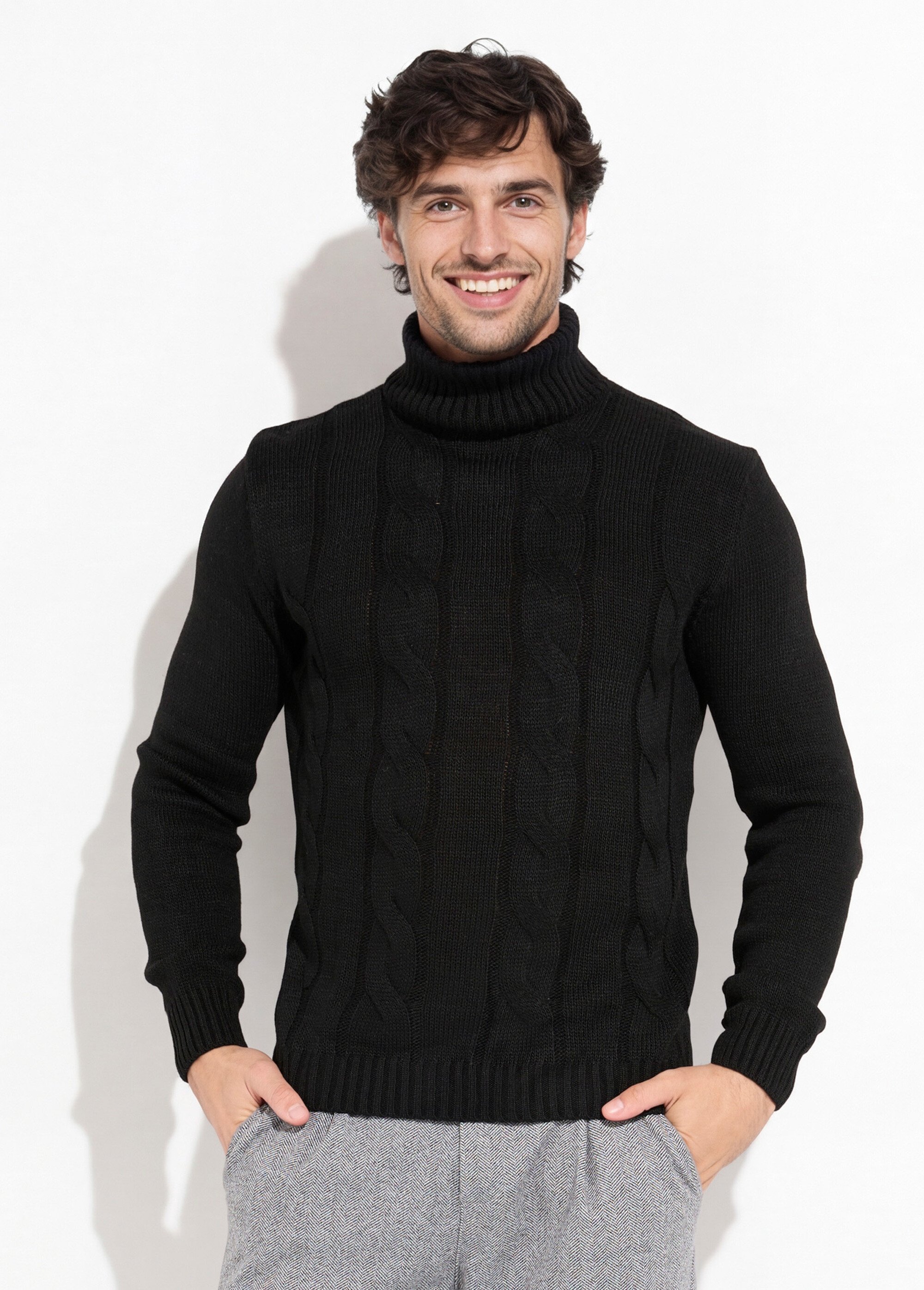 Pull irlandais col roulé chaud avec laine Homme Noir DYL1928 FA1