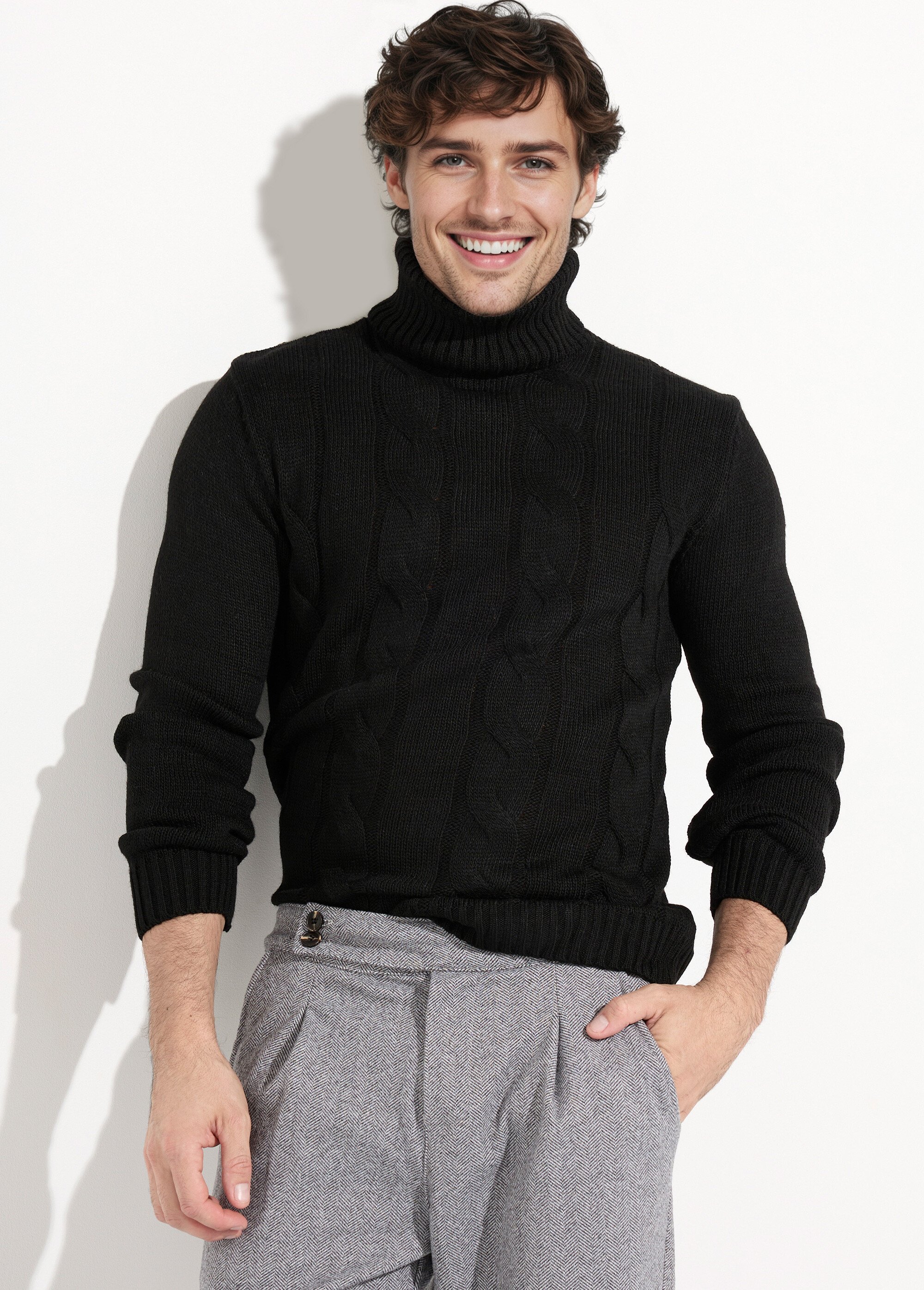 Pull irlandais col roulé chaud avec laine Homme Noir DYL1928 MV1