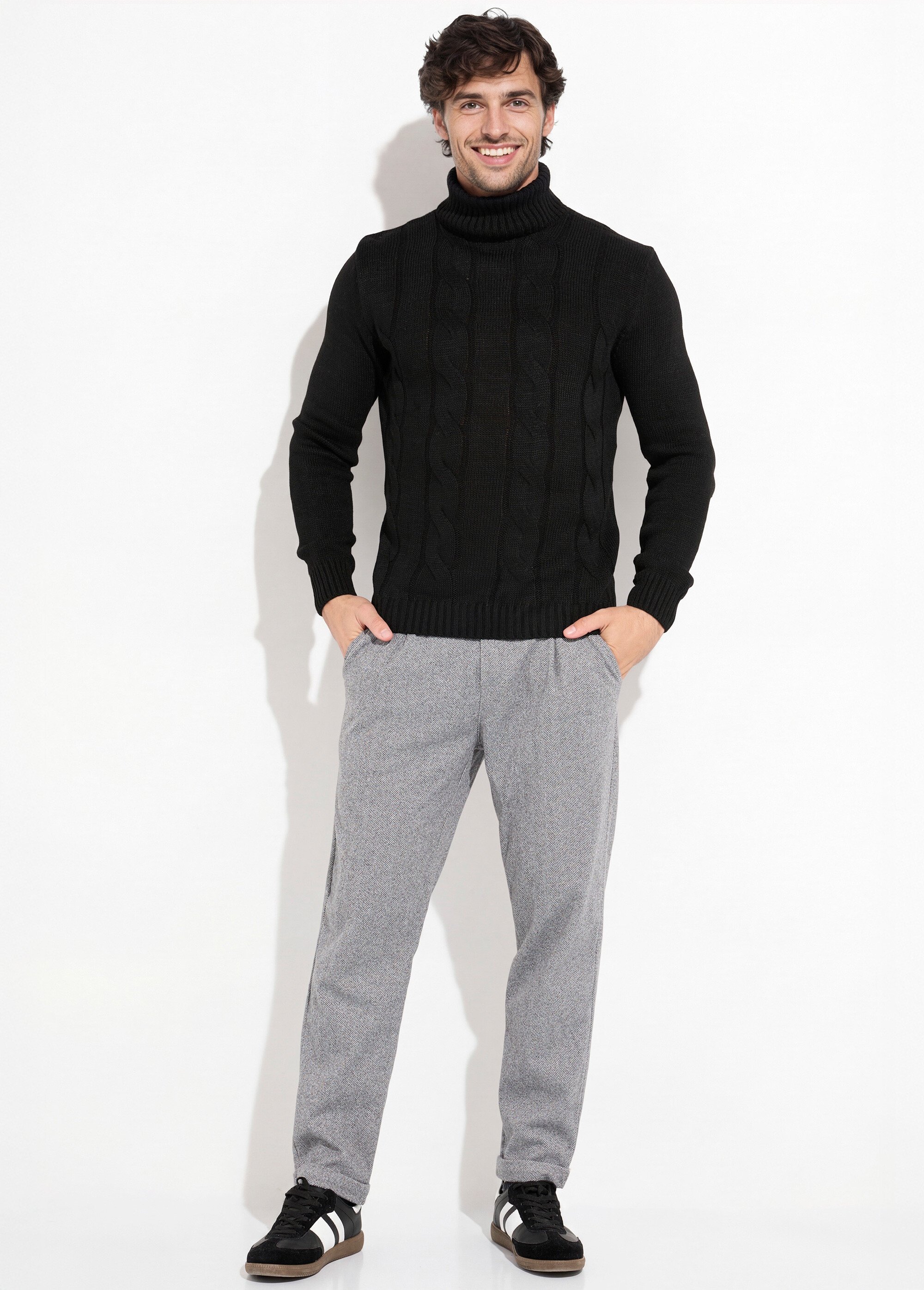 Pull irlandais col roulé chaud avec laine Homme Noir DYL1928 SF1