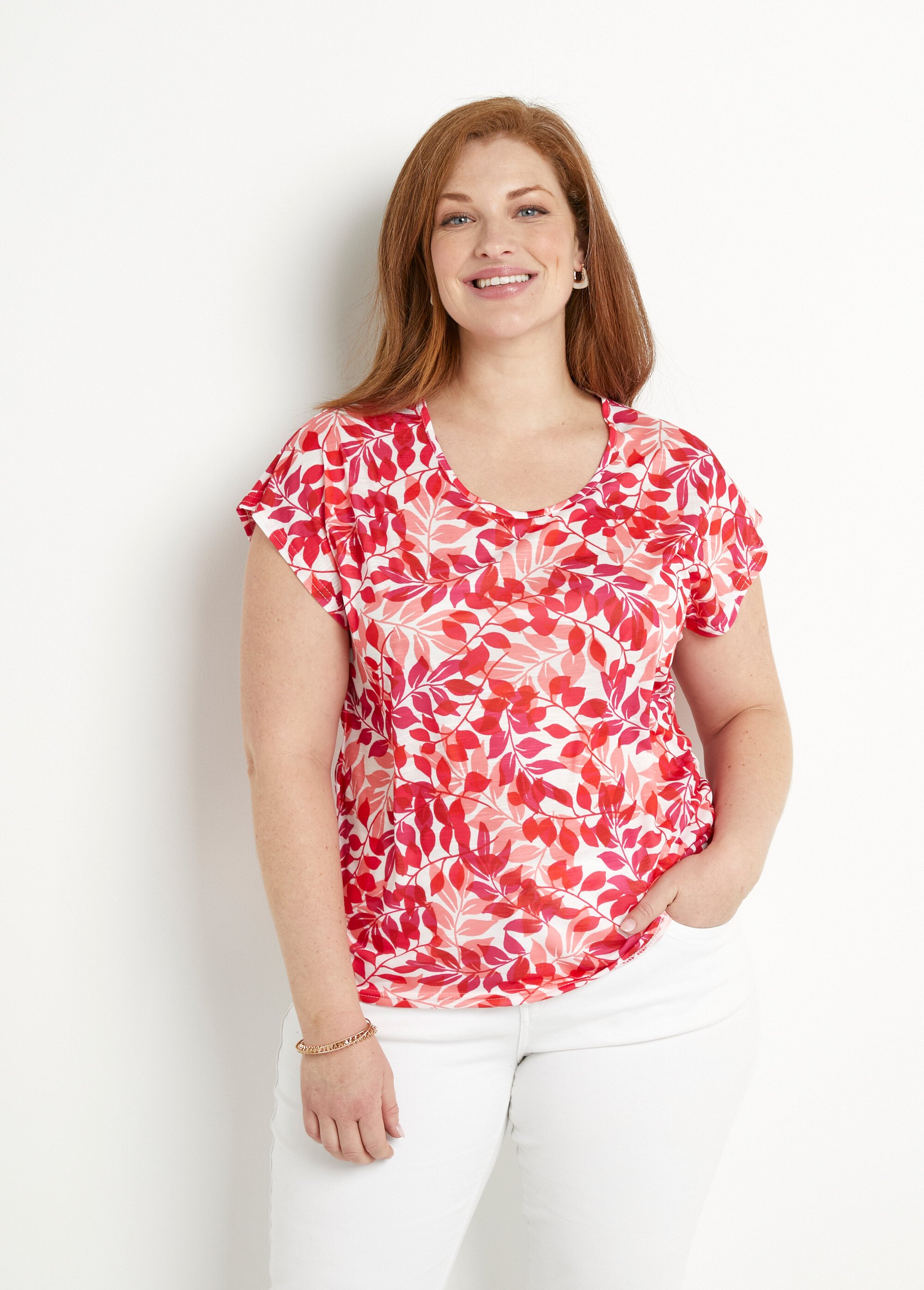 T-shirt manches courtes imprimé feuillage col rond