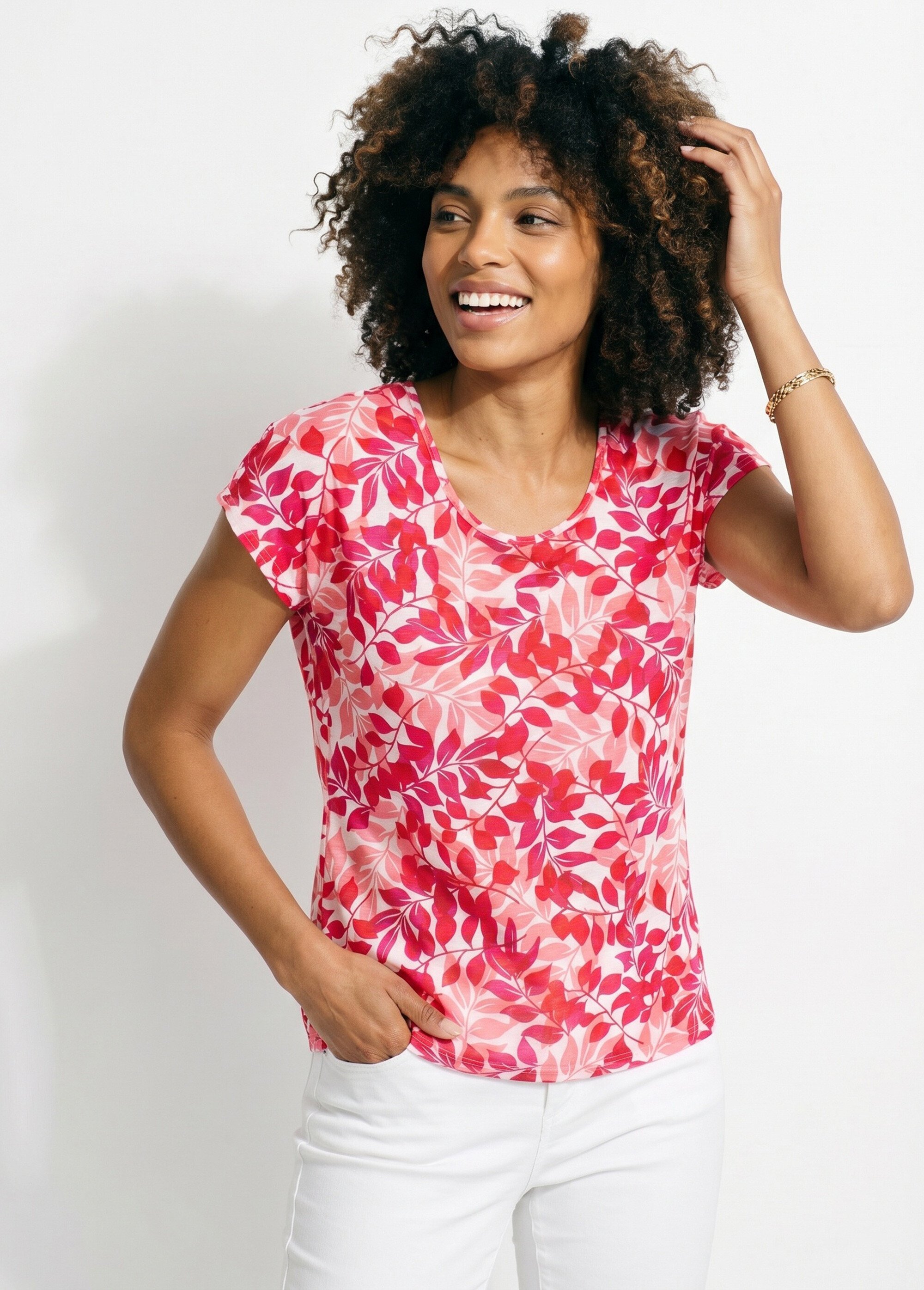 T-shirt manches courtes imprimé feuillage col rond Femme Rose CHARME MV1