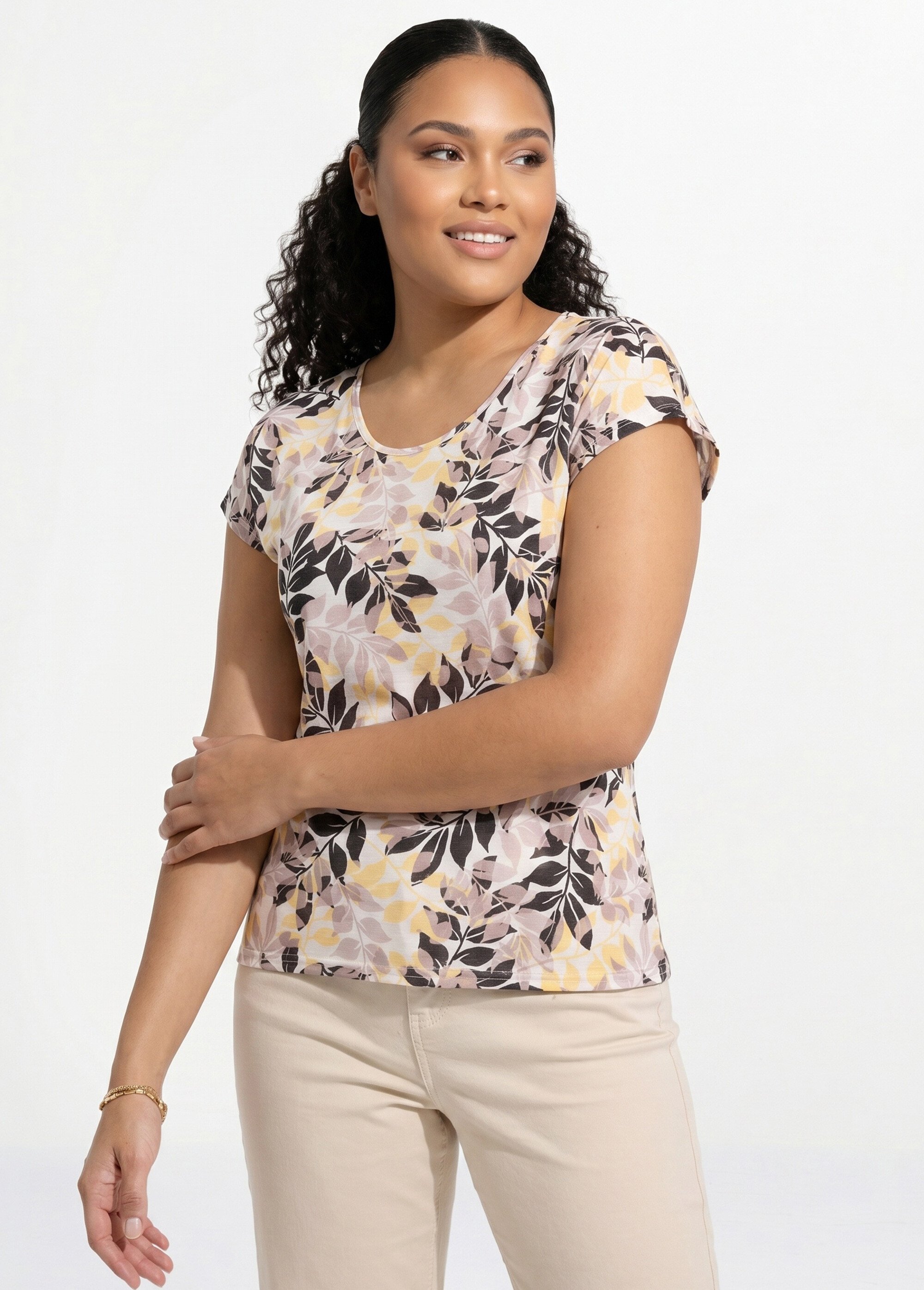 T-shirt manches courtes imprimé feuillage col rond Femme Grande Taille Beige CHARME MV1