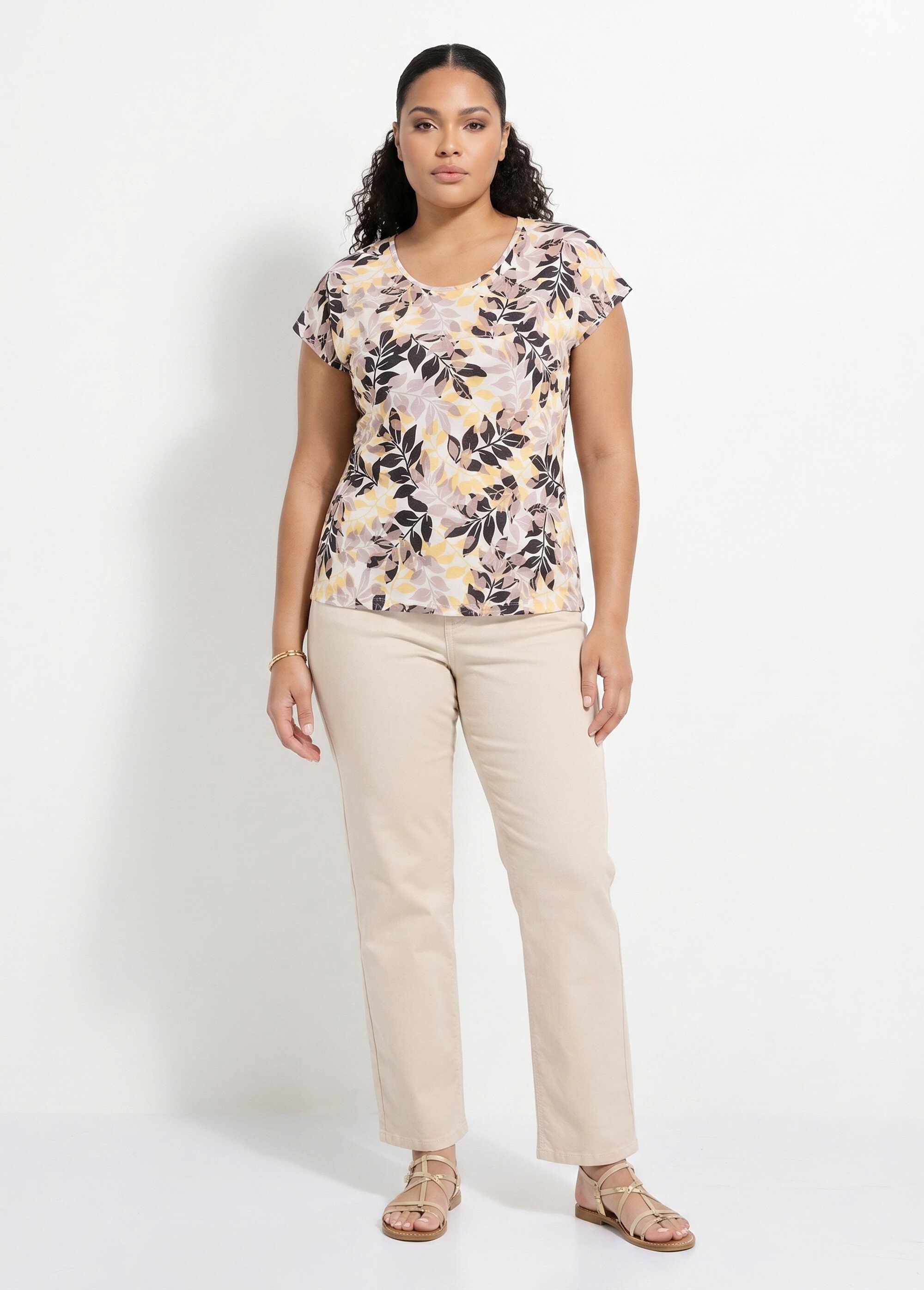 T-shirt manches courtes imprimé feuillage col rond Femme Grande Taille Beige CHARME SI1