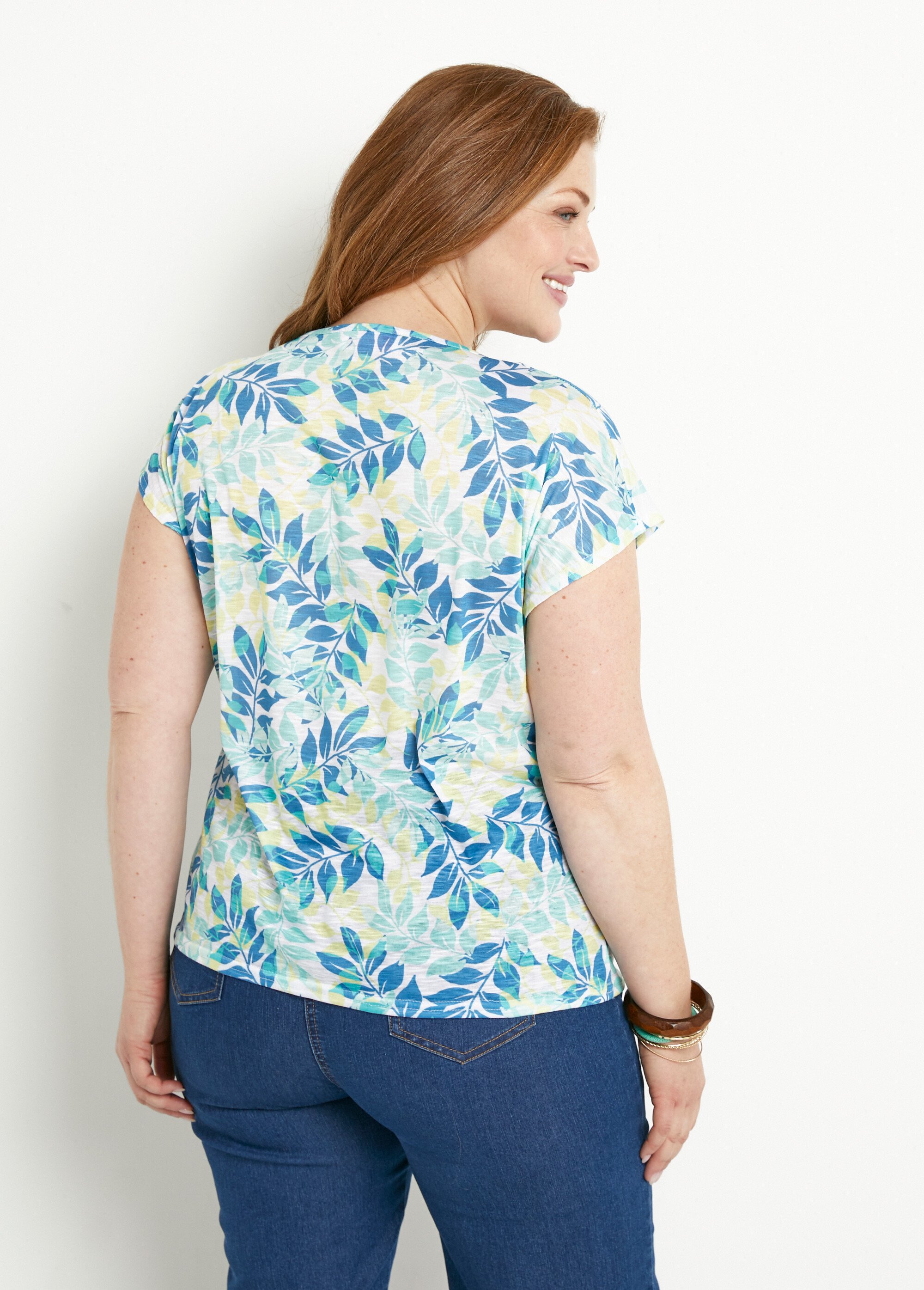 T-shirt manches courtes imprimé feuillage col rond