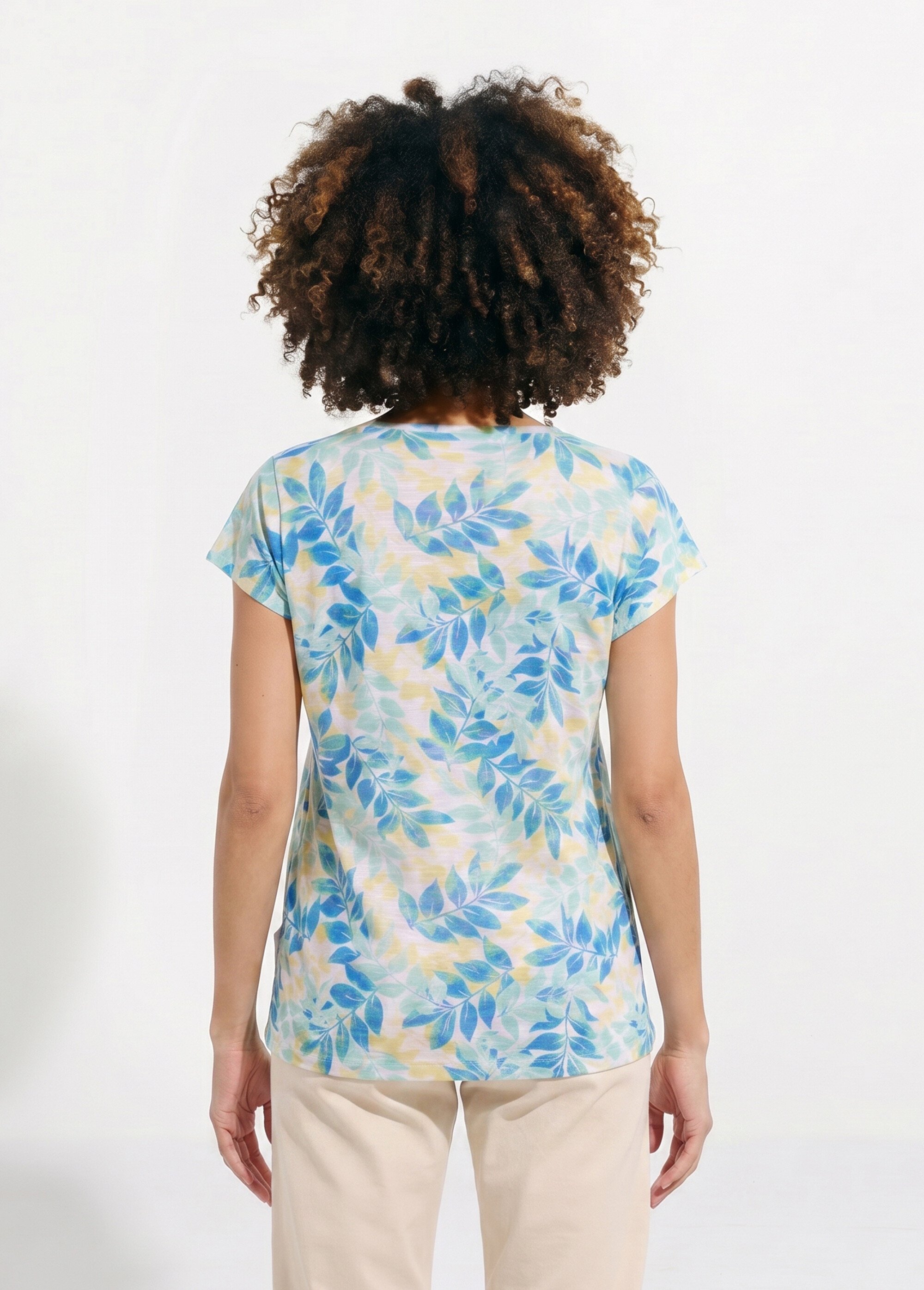 T-shirt manches courtes imprimé feuillage col rond
