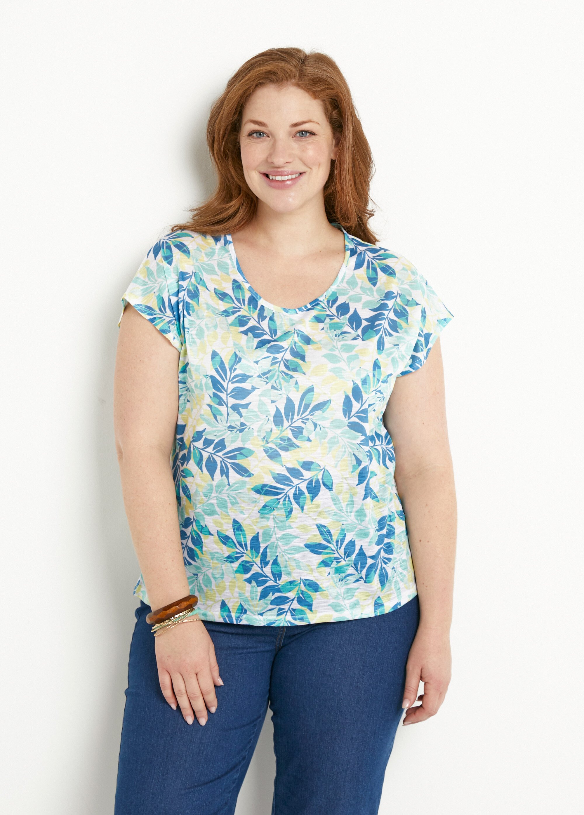 T-shirt manches courtes imprimé feuillage col rond