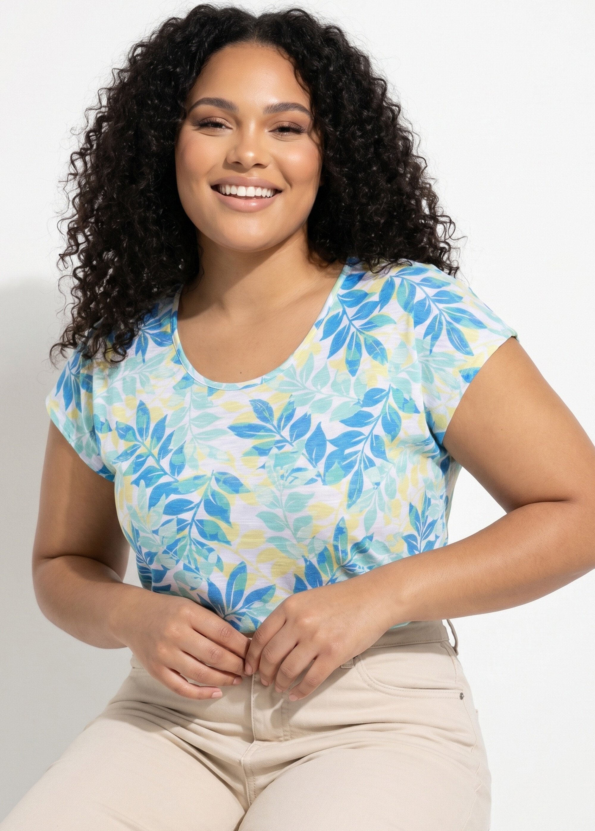 T-shirt manches courtes imprimé feuillage col rond Femme Grande Taille Vert CHARME MV1