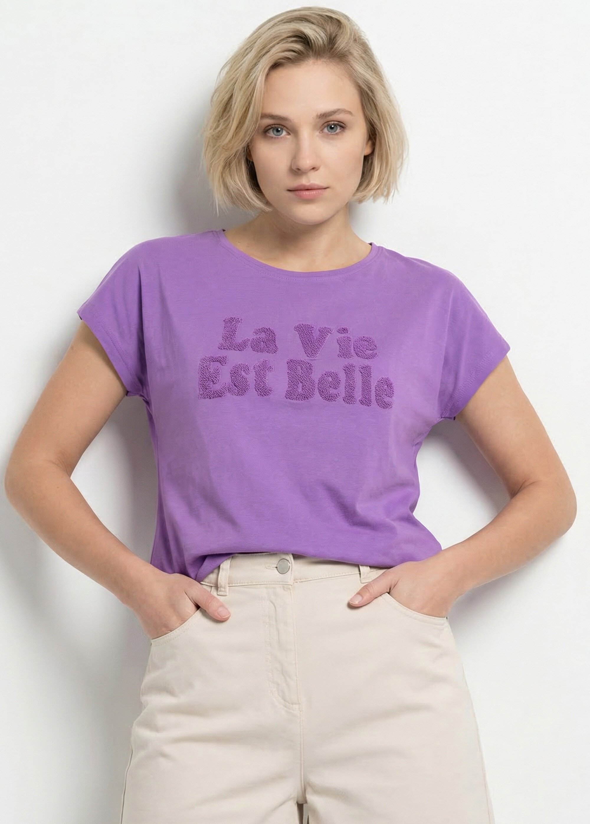 T-shirt uni col rond message bouclette