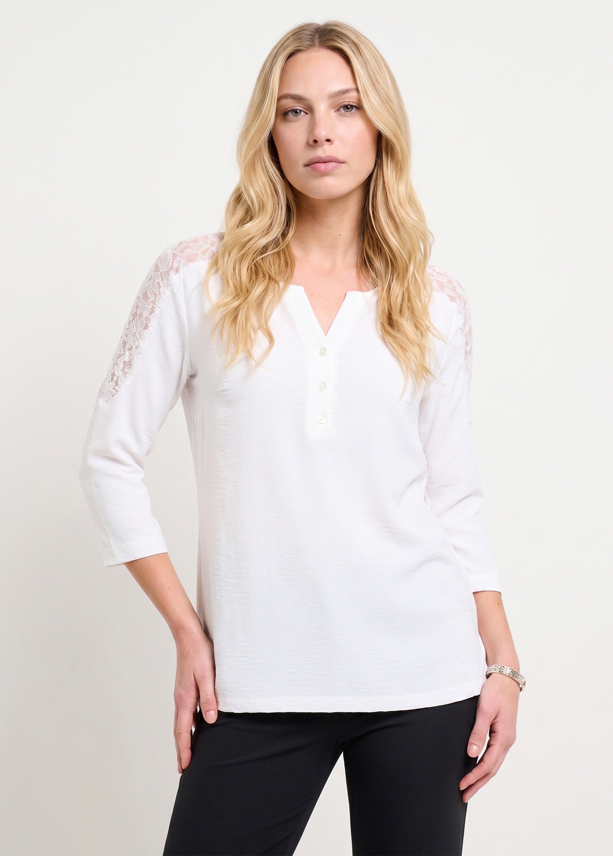 Tunique manches 3/4 col V boutonné dentelle Femme Beige COLINE FA1