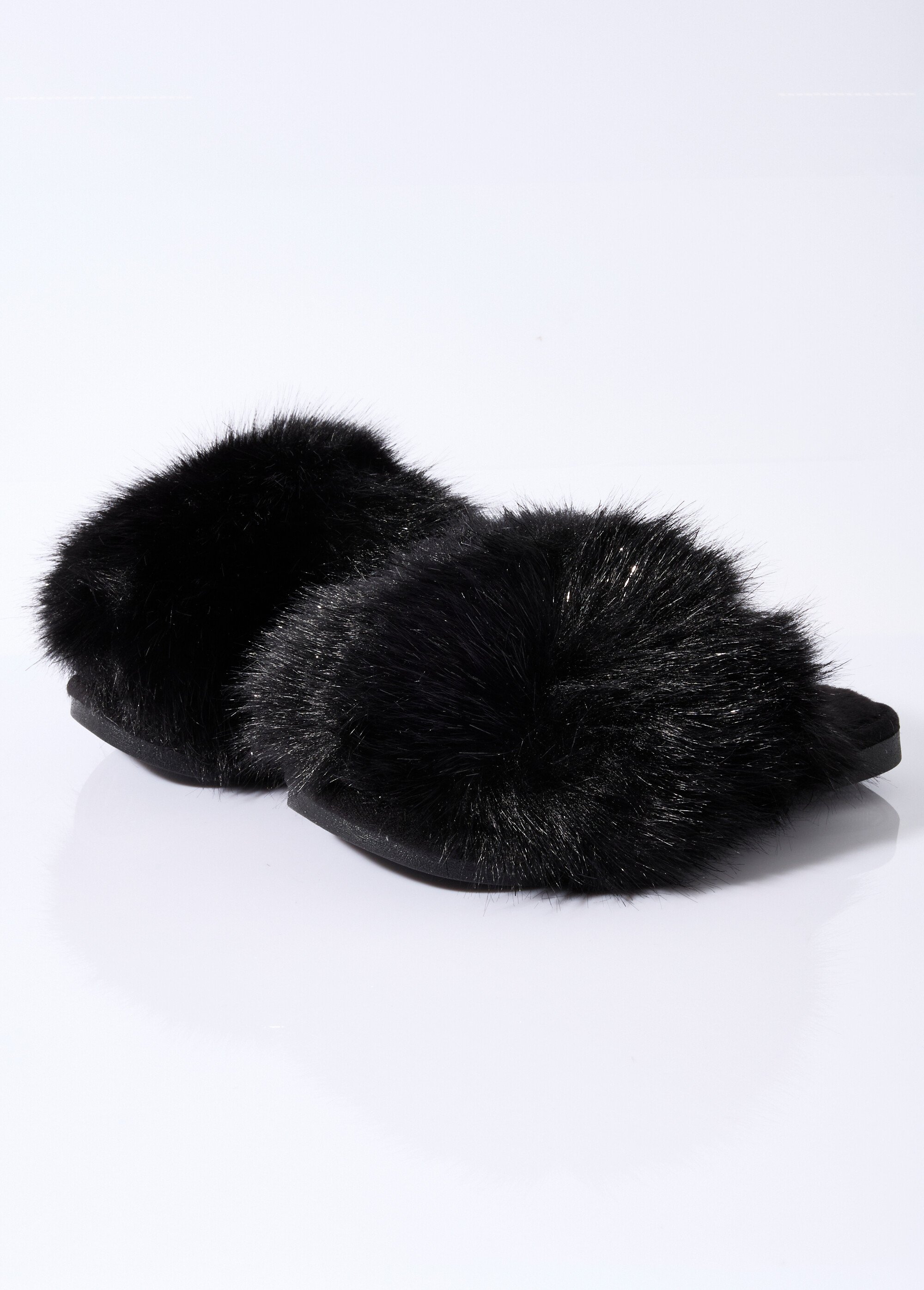 Mules en fausse fourrure longs poils Femme Noir LBS-DMH9717 DE1