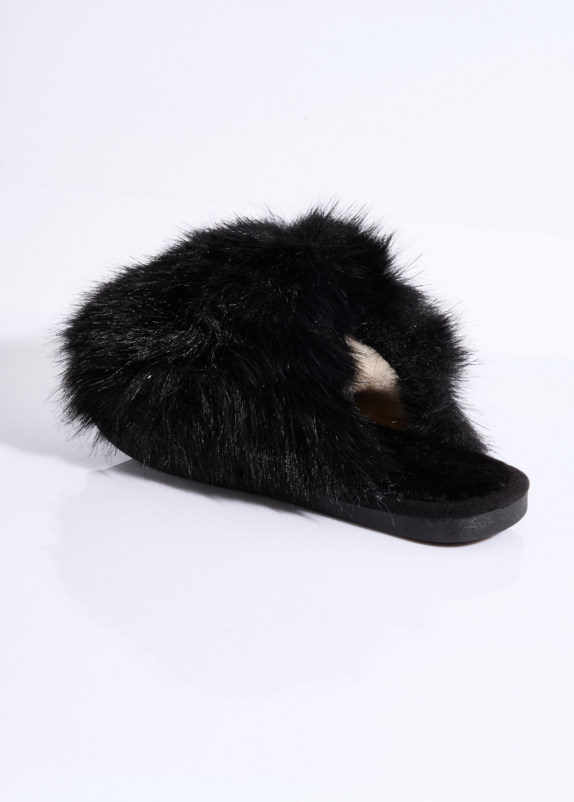 Mules en fausse fourrure longs poils Femme Noir LBS-DMH9717 DO1