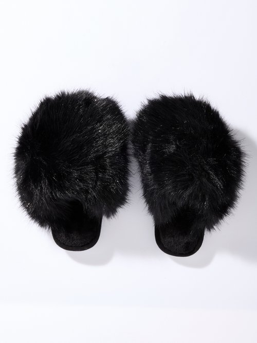 Mules en fausse fourrure longs poils Femme Noir LBS-DMH9717 OV1