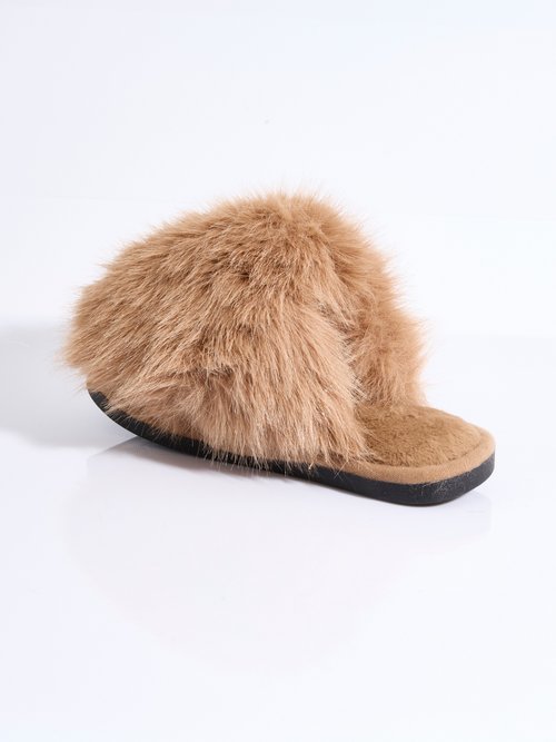 Mules en fausse fourrure longs poils Femme Marron LBS-DMH9717 DO1