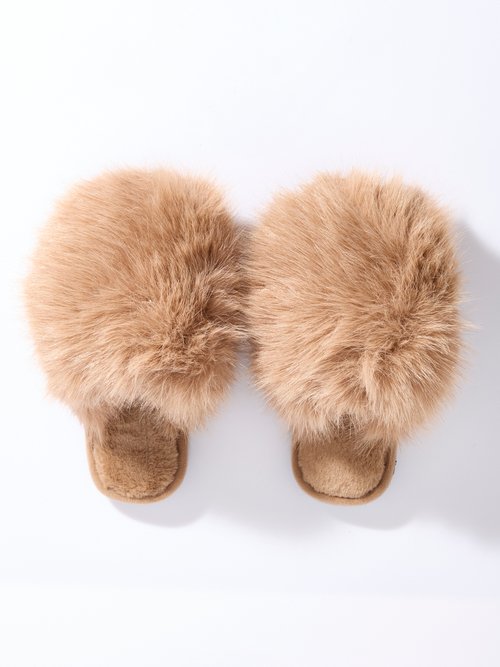 Mules en fausse fourrure longs poils Femme Marron LBS-DMH9717 OV1