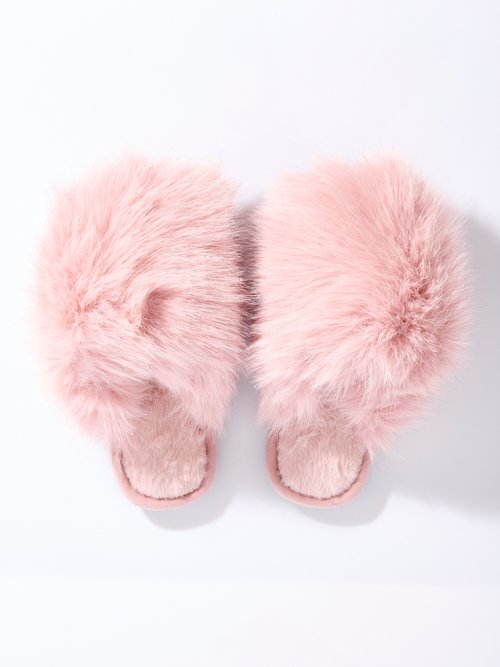Mules en fausse fourrure longs poils Femme Rose LBS-DMH9717 OV1