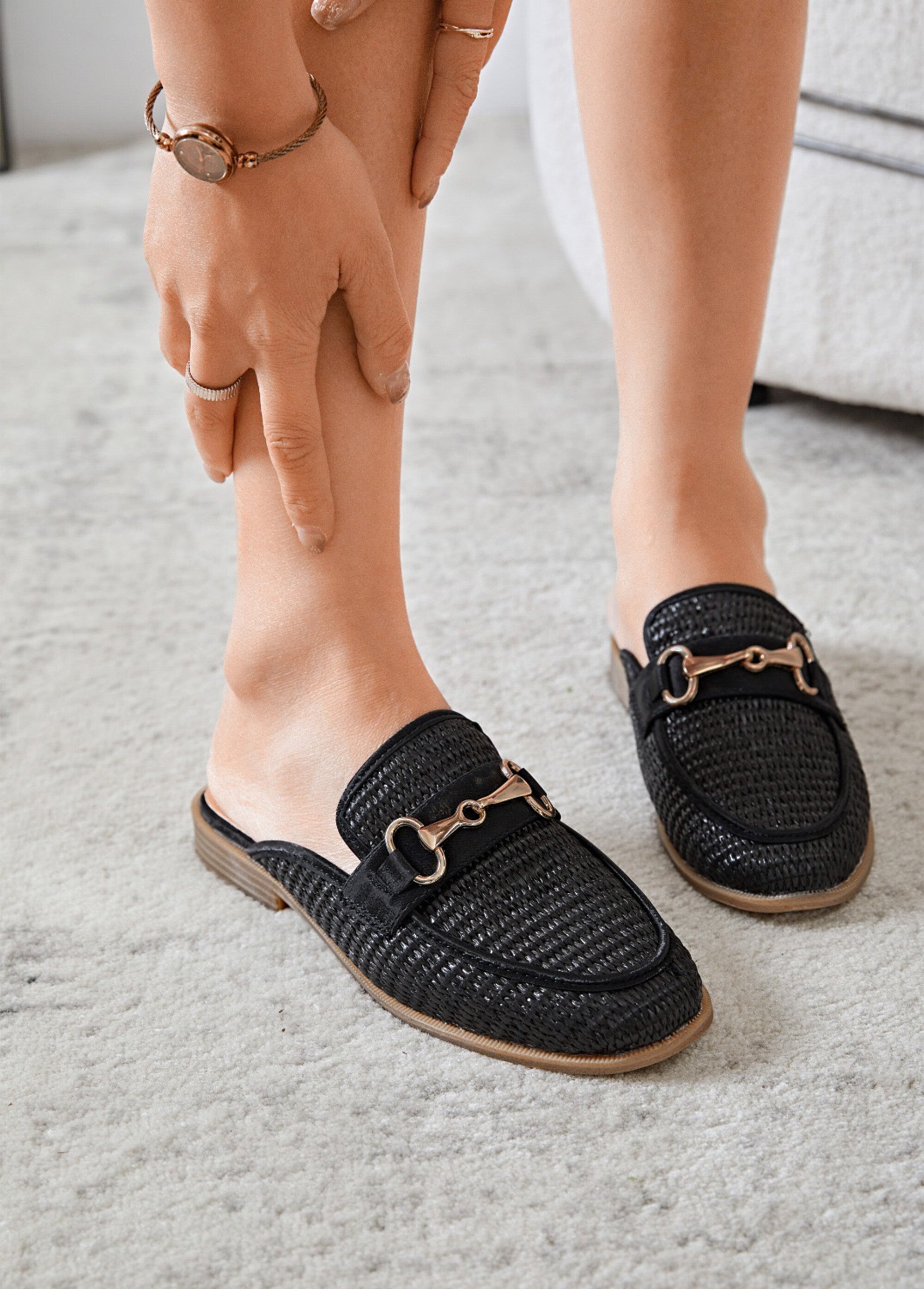 Mules plates en paille façon mocassin Femme Noir ERYJN-132 SF2