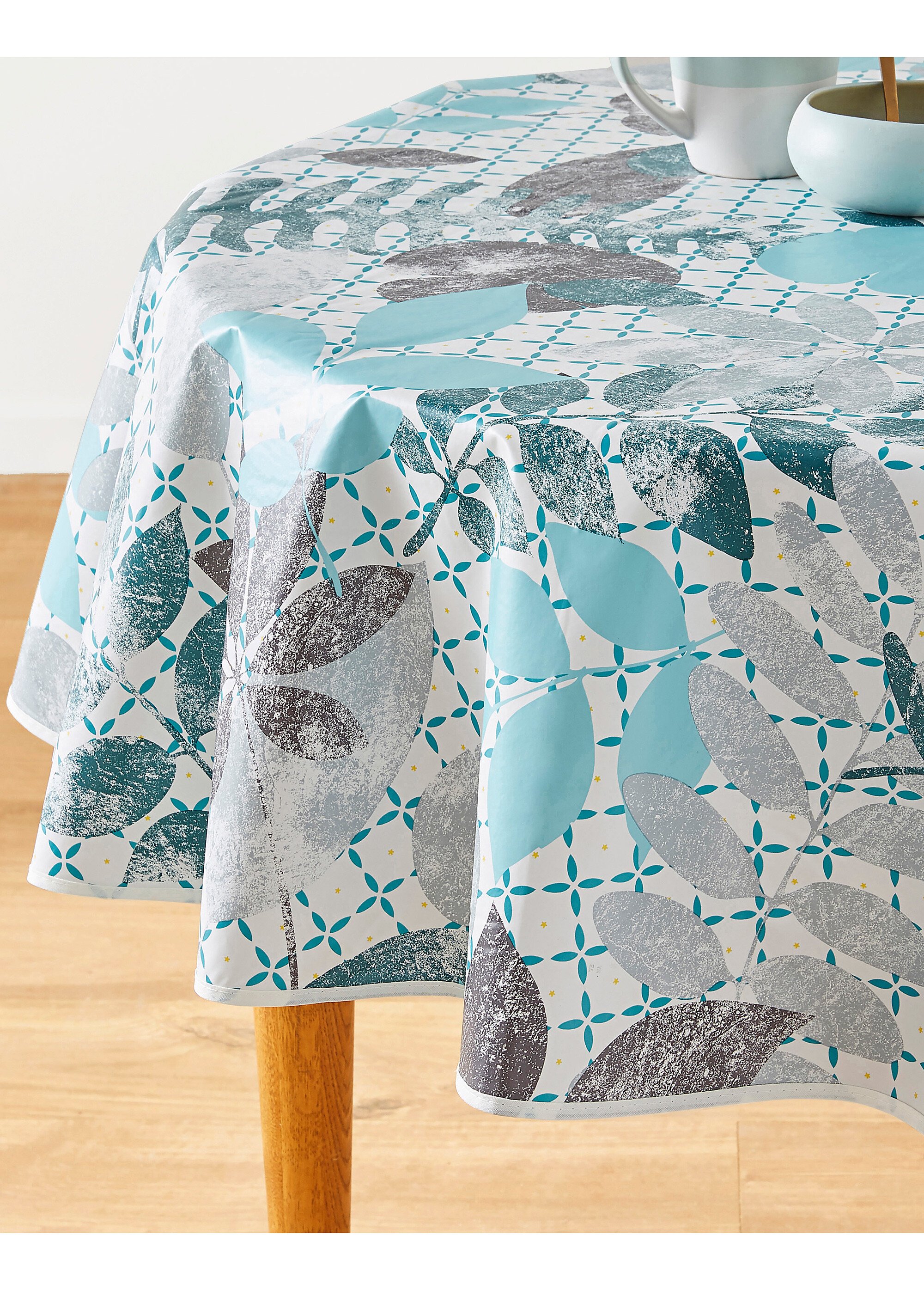 Nappe toile cirée imprimé végétal Bleu RECTO FA1