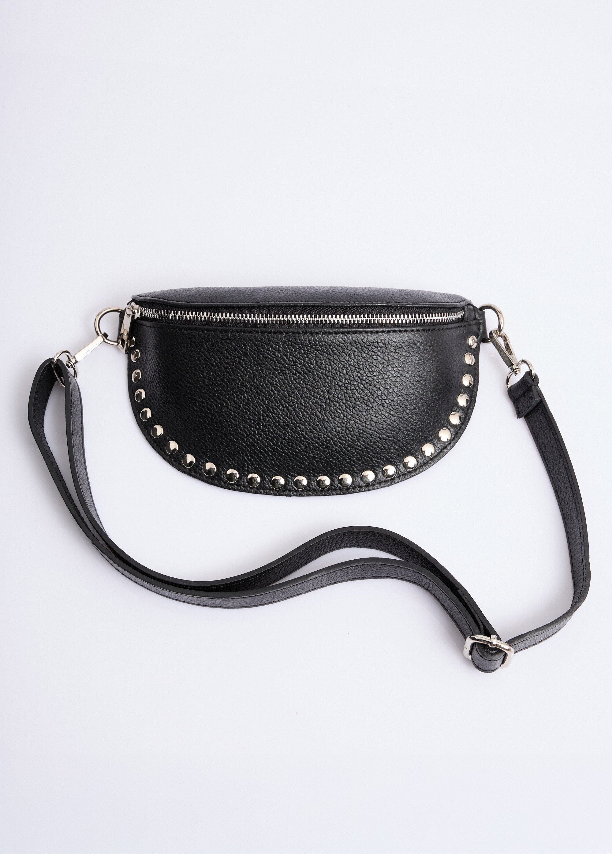 Petit sac banane cuir, rivets métallisés Femme Noir NES349LB2601 FA1