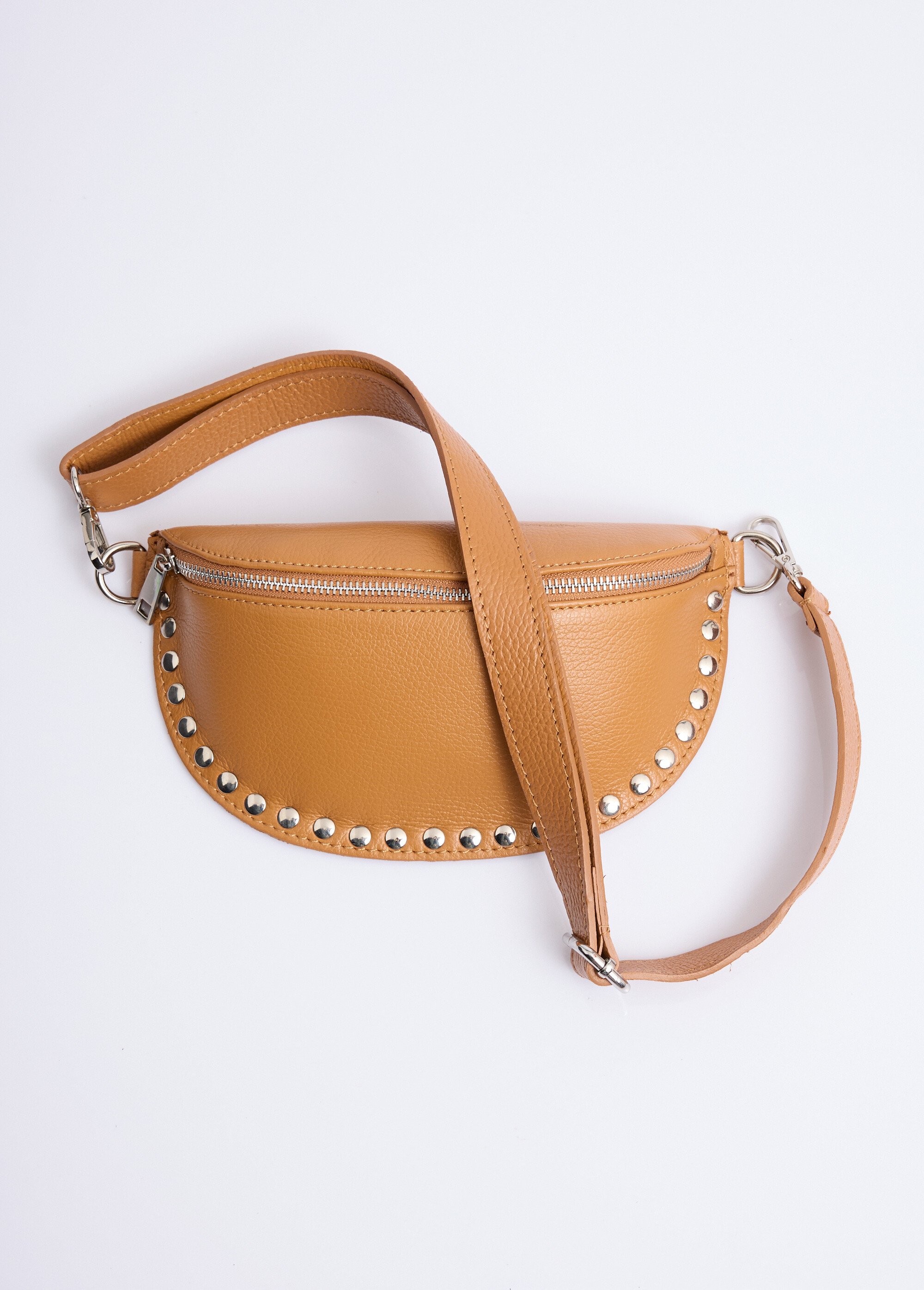 Petit sac banane cuir, rivets métallisés Femme Marron NES349LB2601 FA1