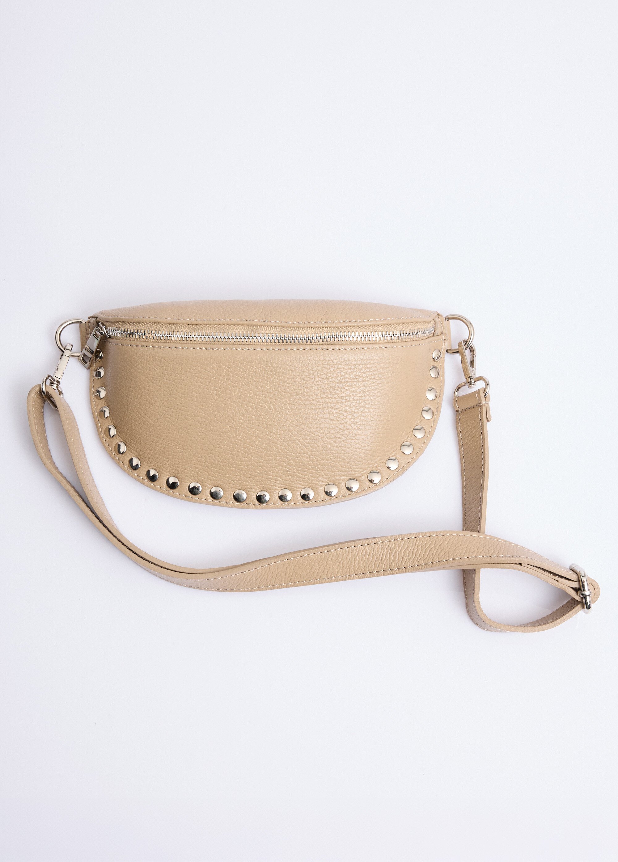 Petit sac banane cuir, rivets métallisés Femme Marron NES349LB2601 FA1