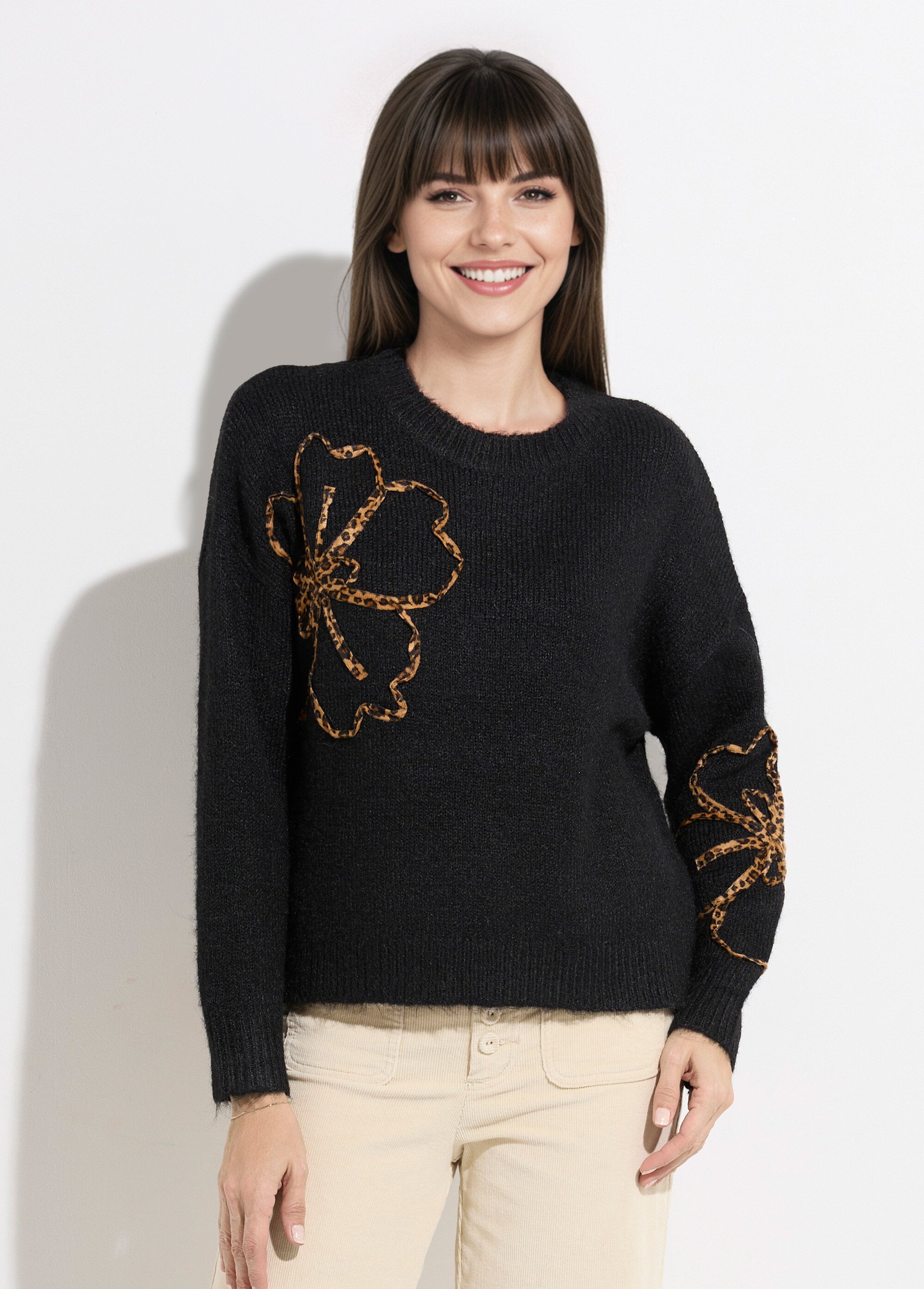Pull chaud laine, applications fleurs Femme Noir KA-5653 FA1