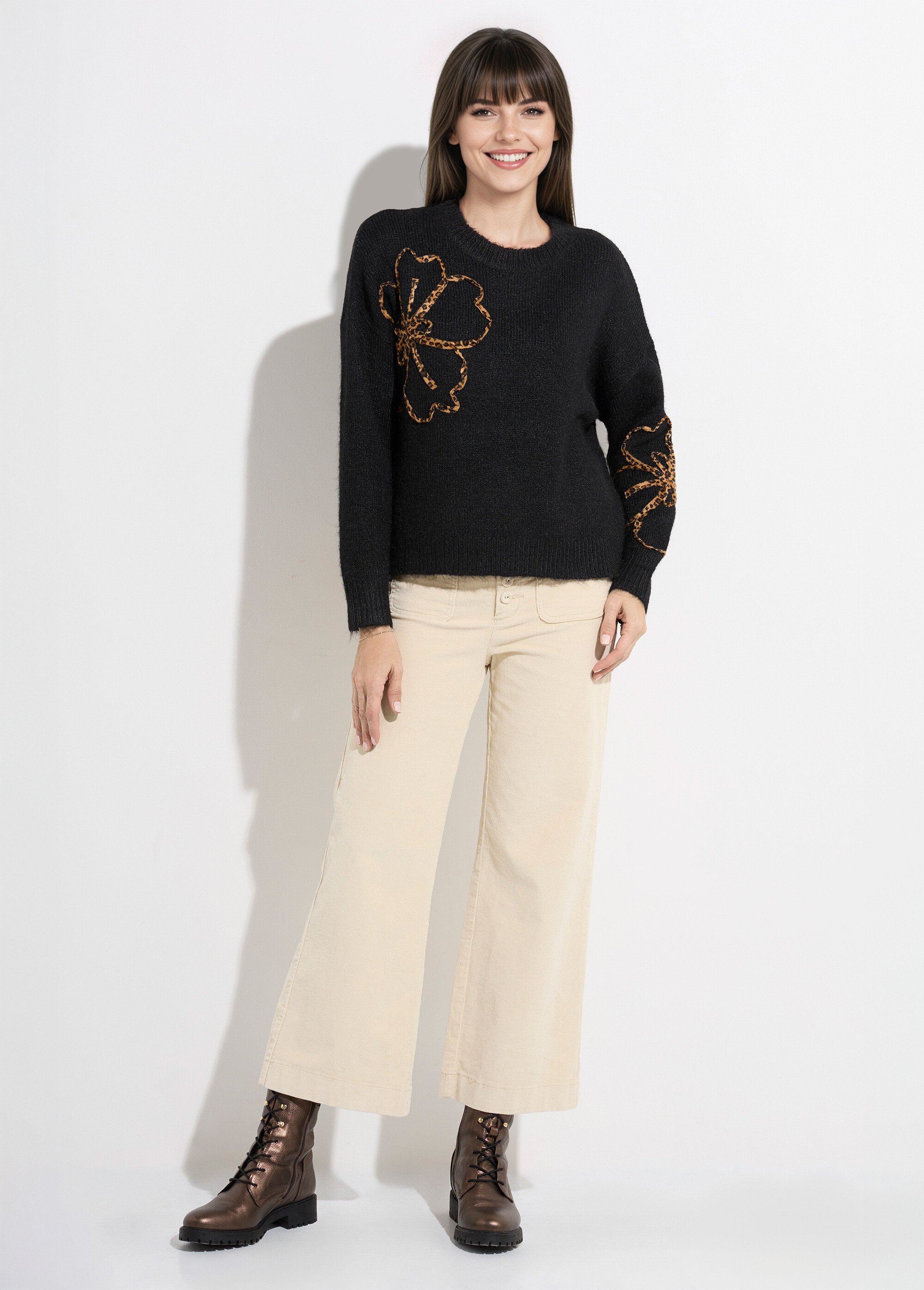 Pull chaud laine, applications fleurs Femme Noir KA-5653 SF1