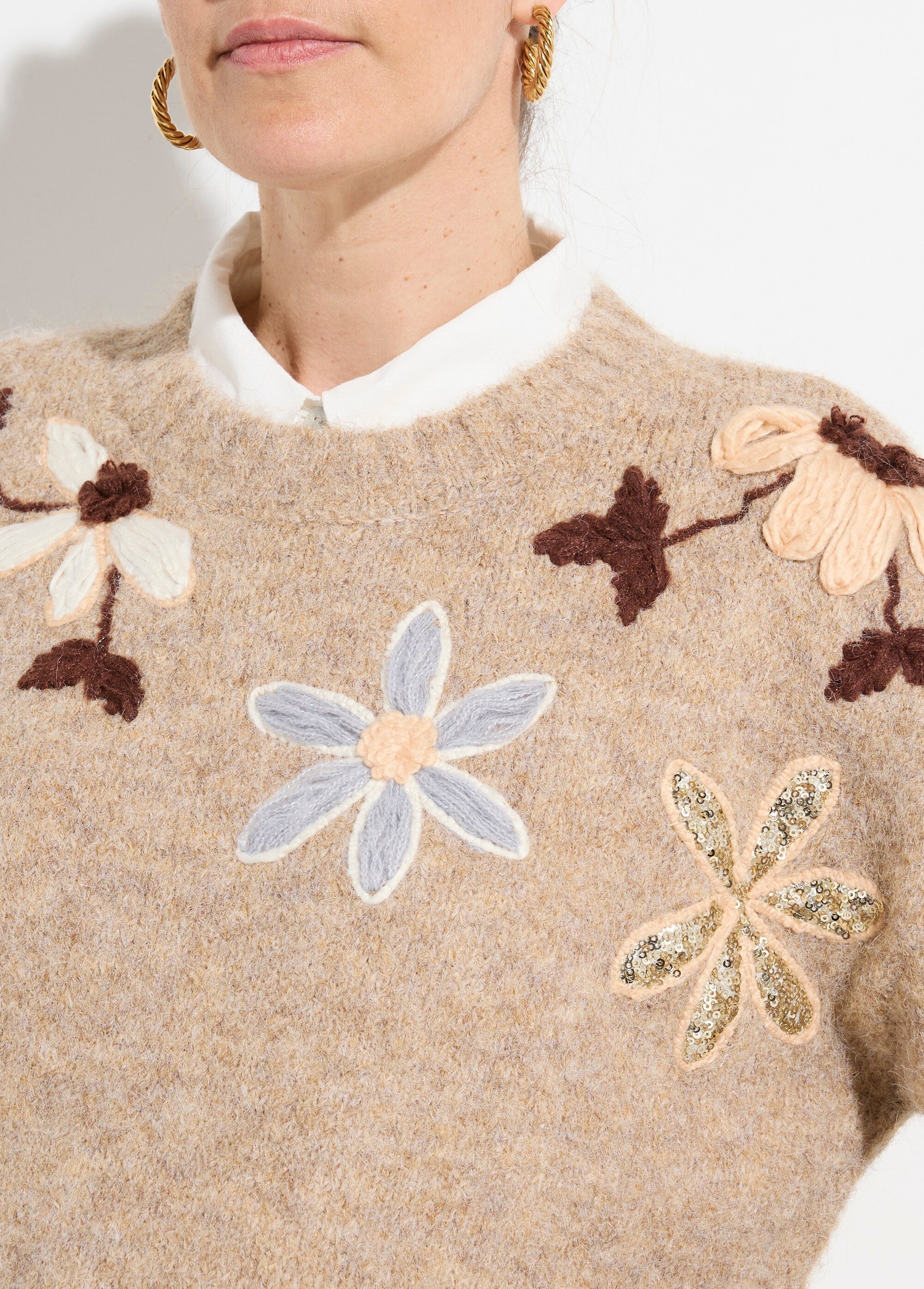 Pull chaud laine avec fleurs fantaisie Femme Beige KA-PK811 DE1