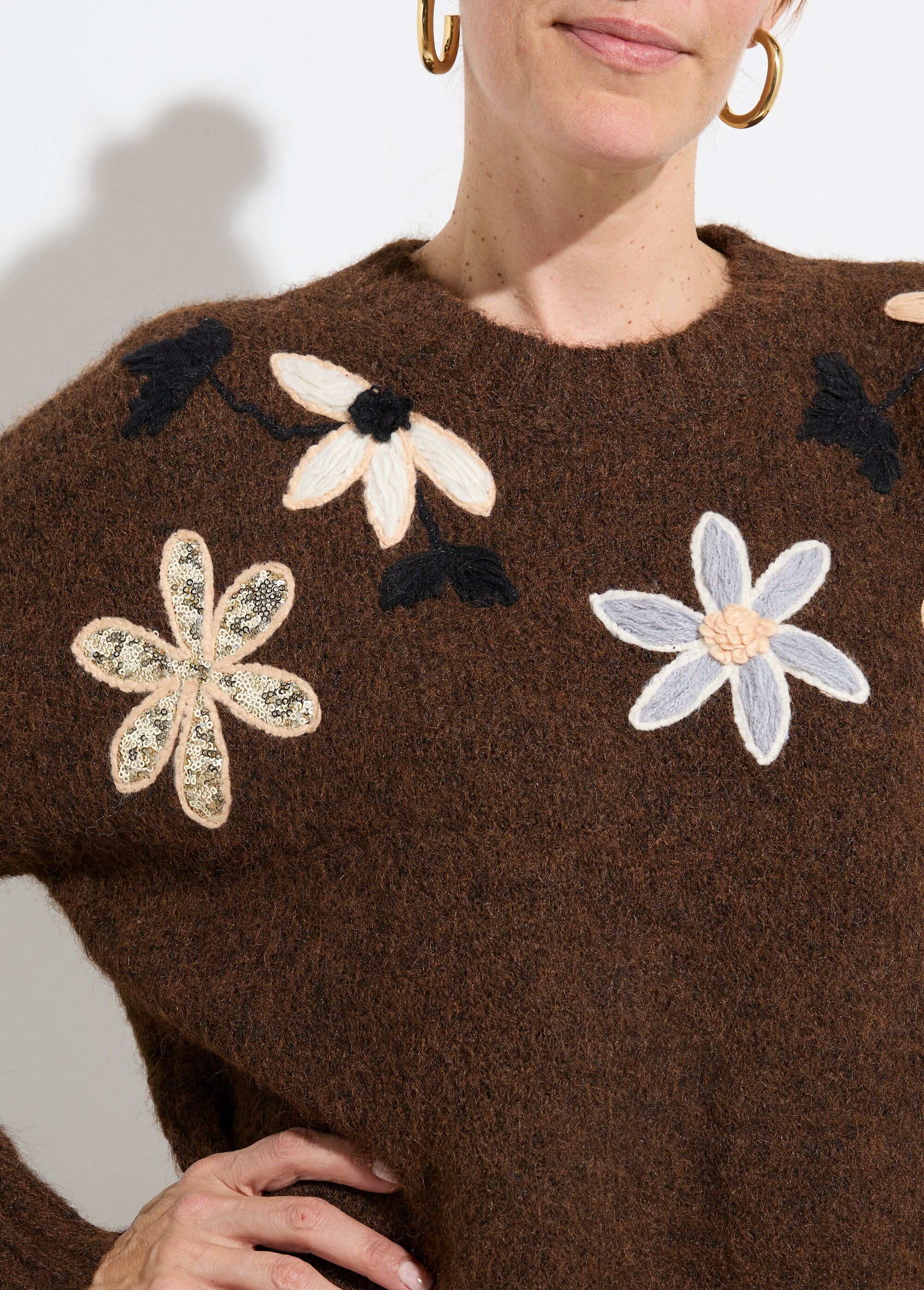 Pull chaud laine avec fleurs fantaisie Femme Marron KA-PK811 DE1