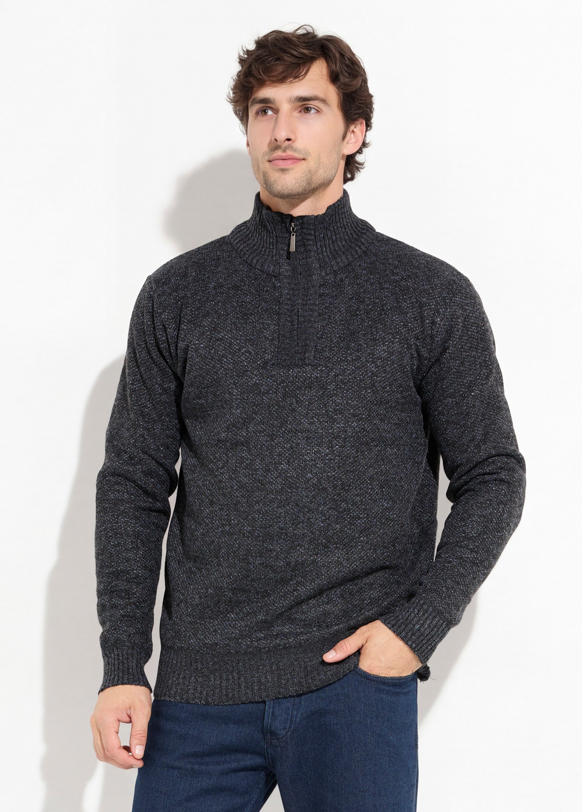 Pull col zippé chaud intérieur polaire Homme Noir DYL3313 FA1