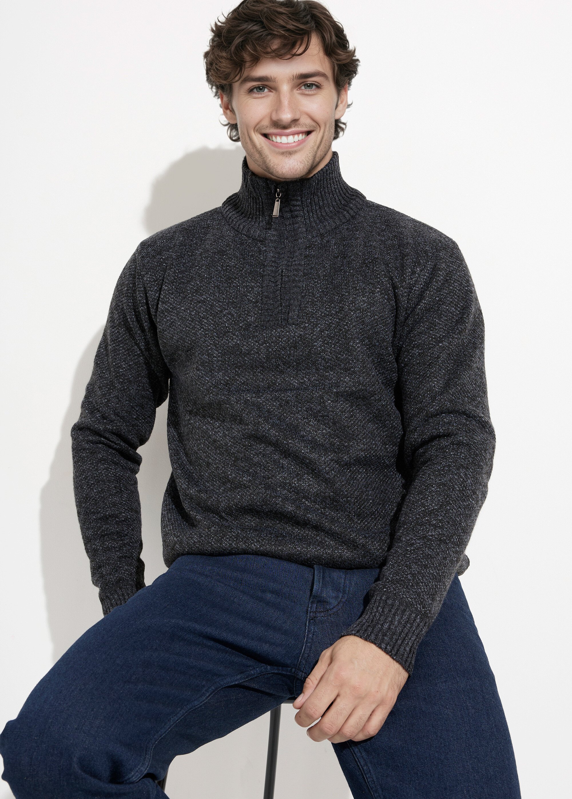 Pull col zippé chaud intérieur polaire Homme Noir DYL3313 MV1