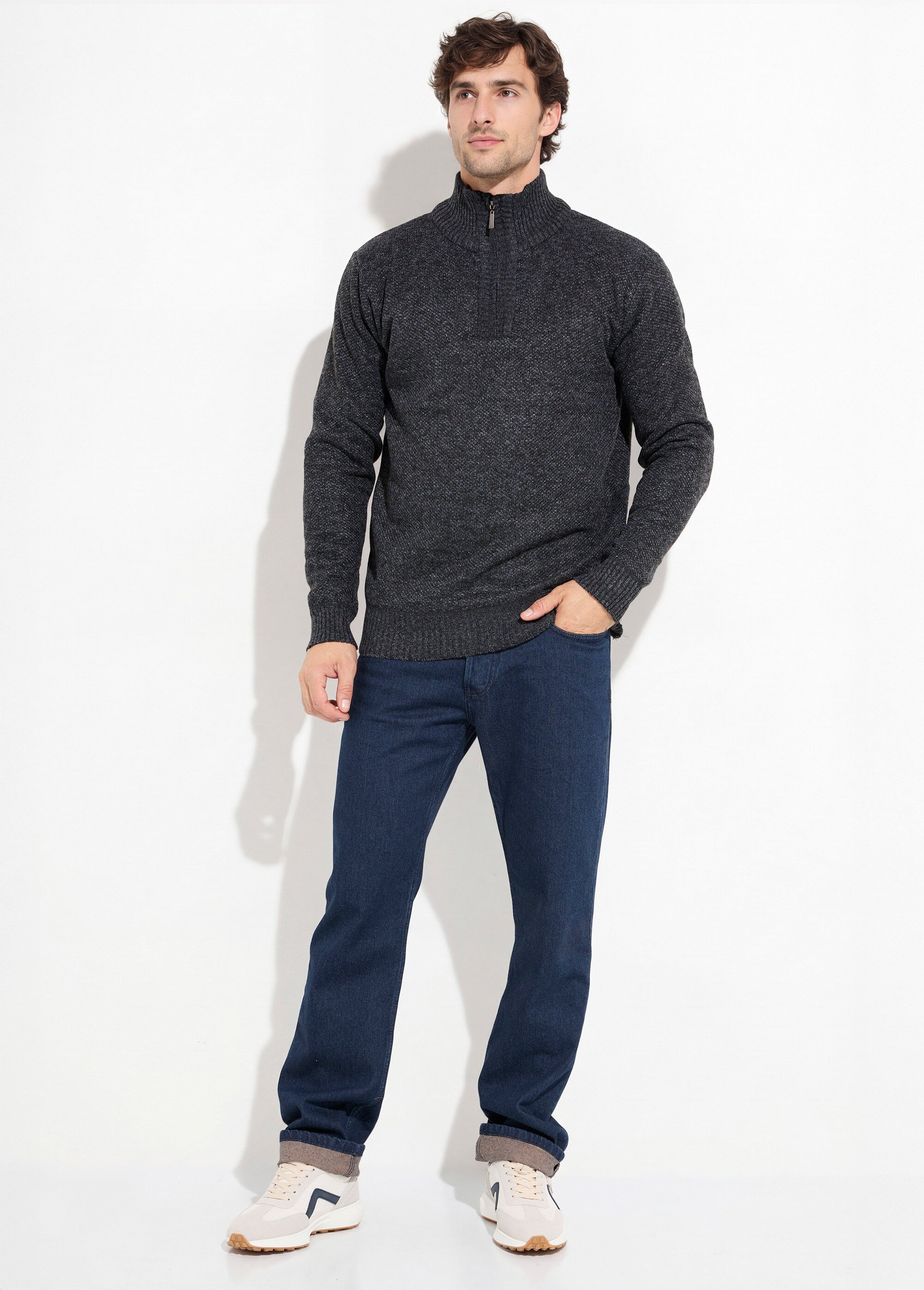 Pull col zippé chaud intérieur polaire Homme Noir DYL3313 SF1