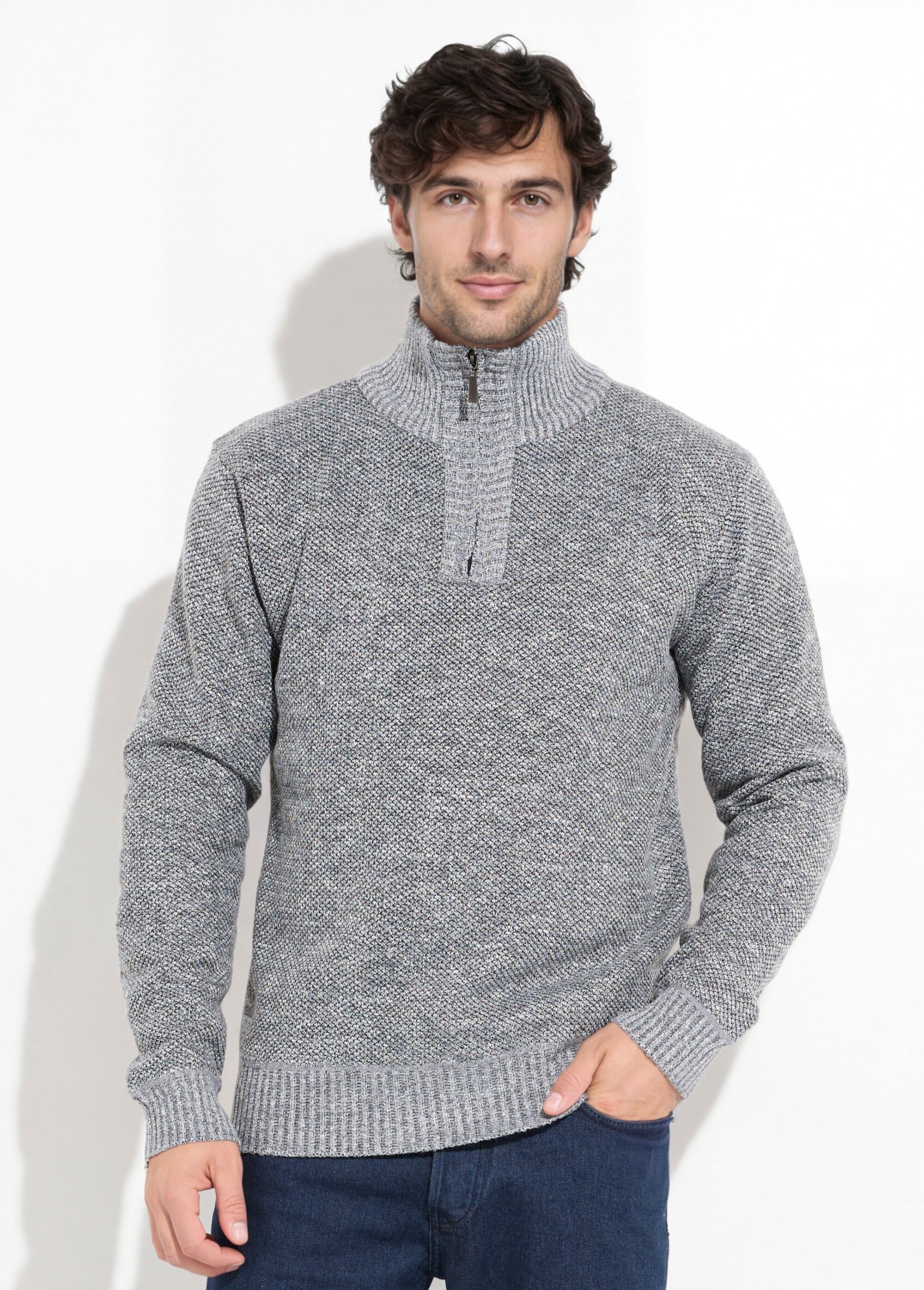 Pull col zippé chaud intérieur polaire Homme Gris DYL3313 FA1