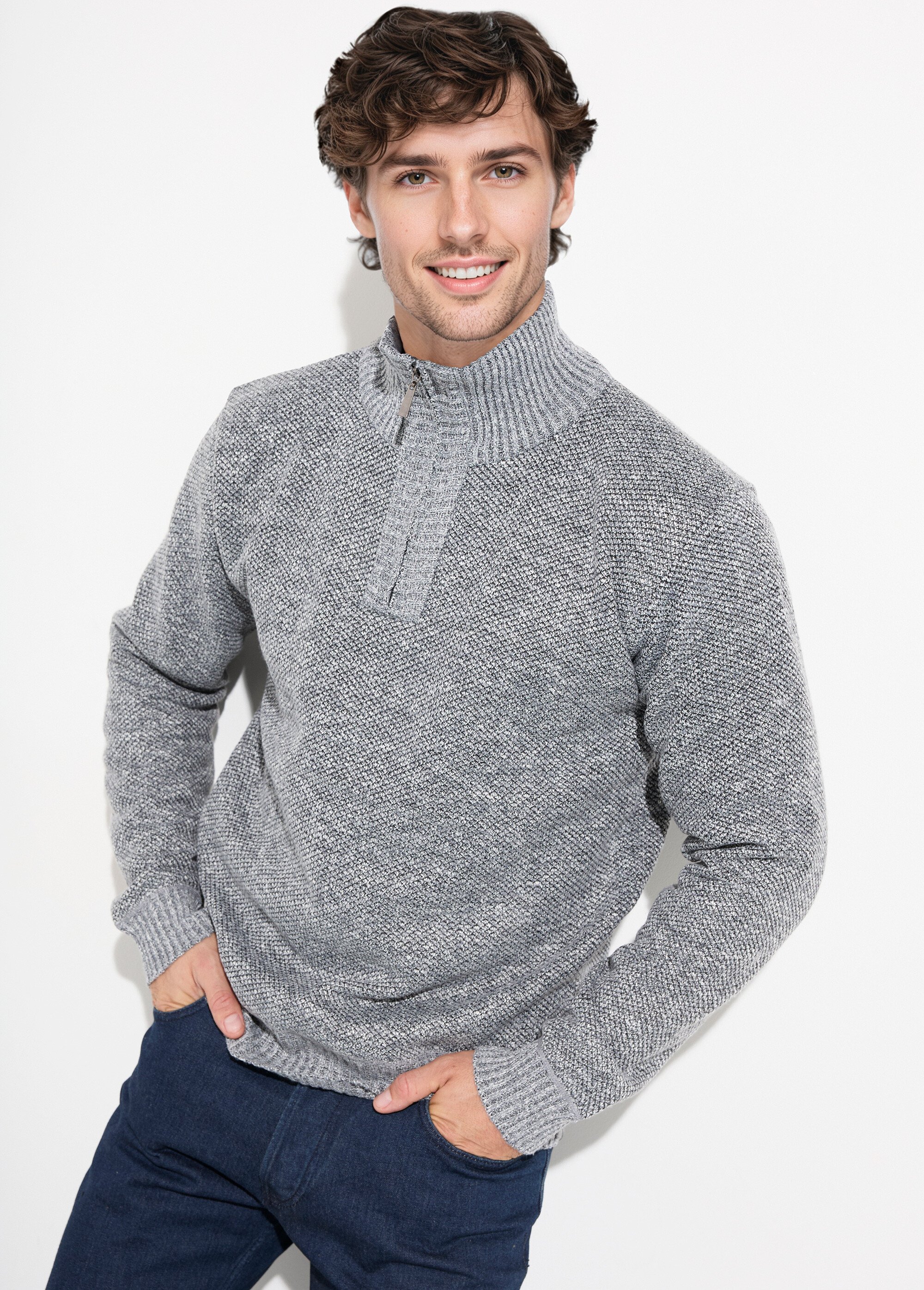 Pull col zippé chaud intérieur polaire Homme Gris DYL3313 MV1