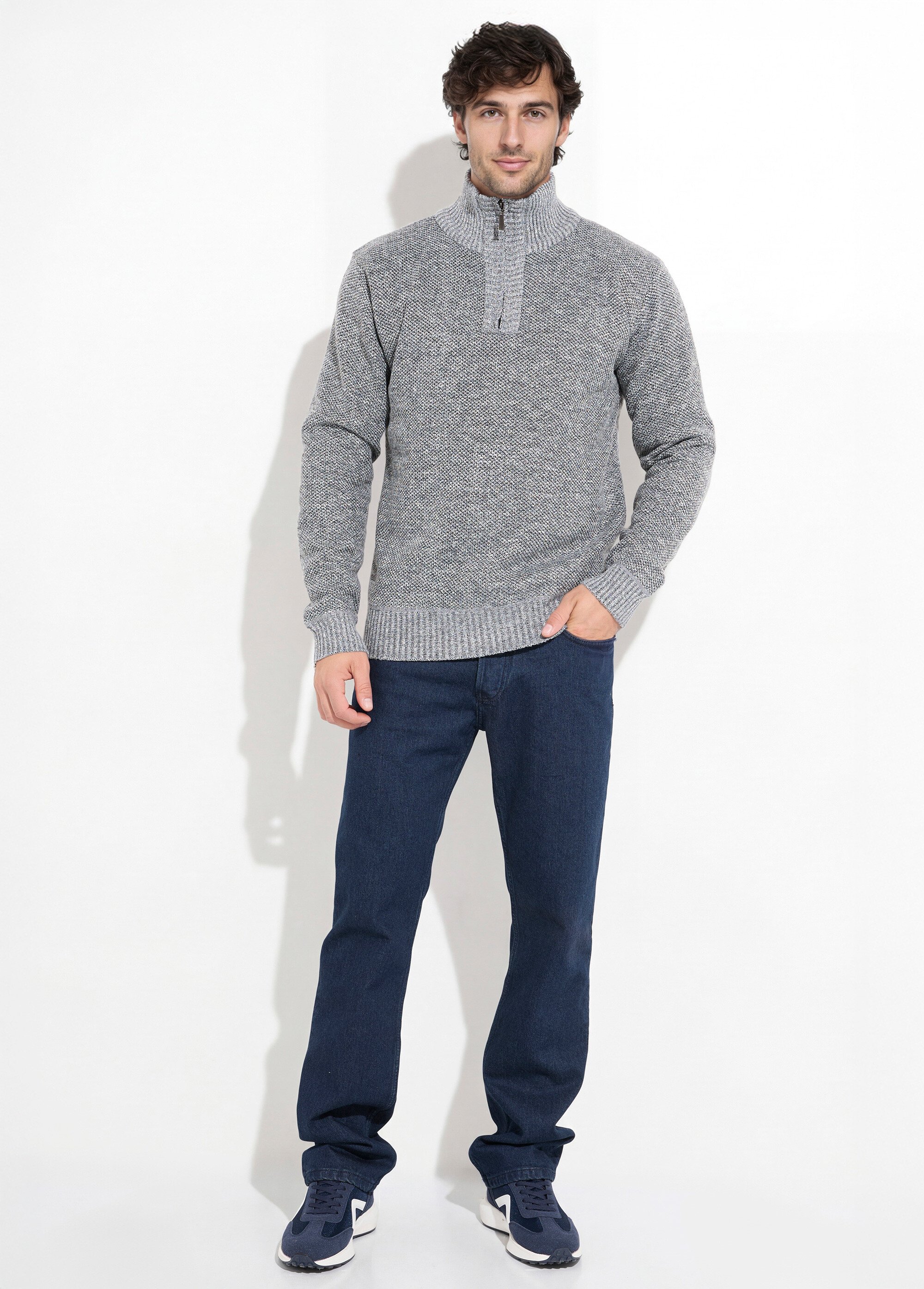 Pull col zippé chaud intérieur polaire Homme Gris DYL3313 SF1