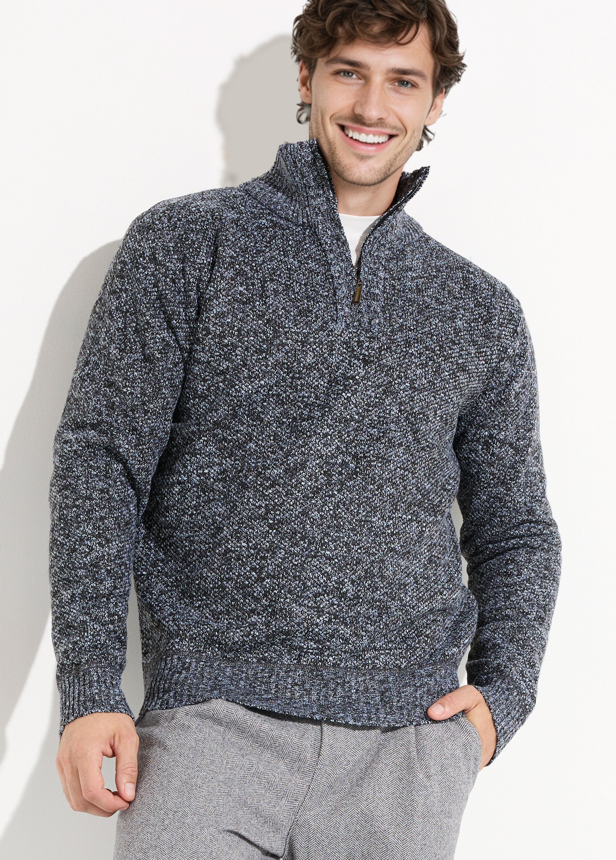 Pull col zippé chaud intérieur polaire Homme Gris DYL3313 MV1