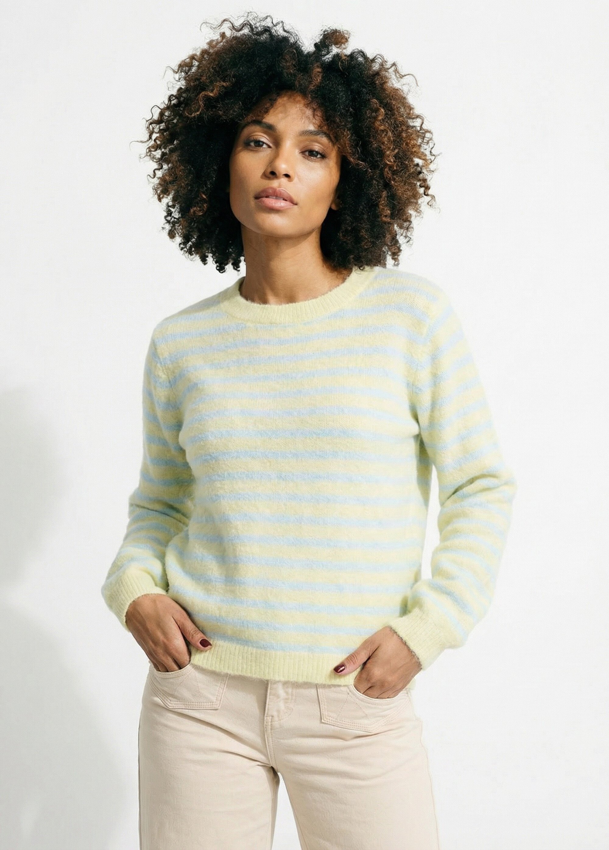Pull rayé avec laine, dos boutonné Femme Bleu IKB-1729 FA1