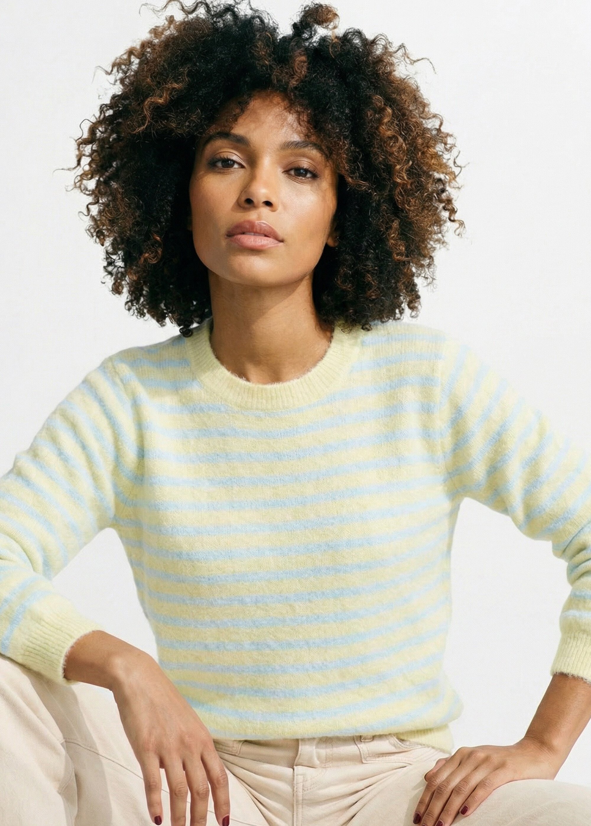 Pull rayé avec laine, dos boutonné Femme Bleu IKB-1729 MV2