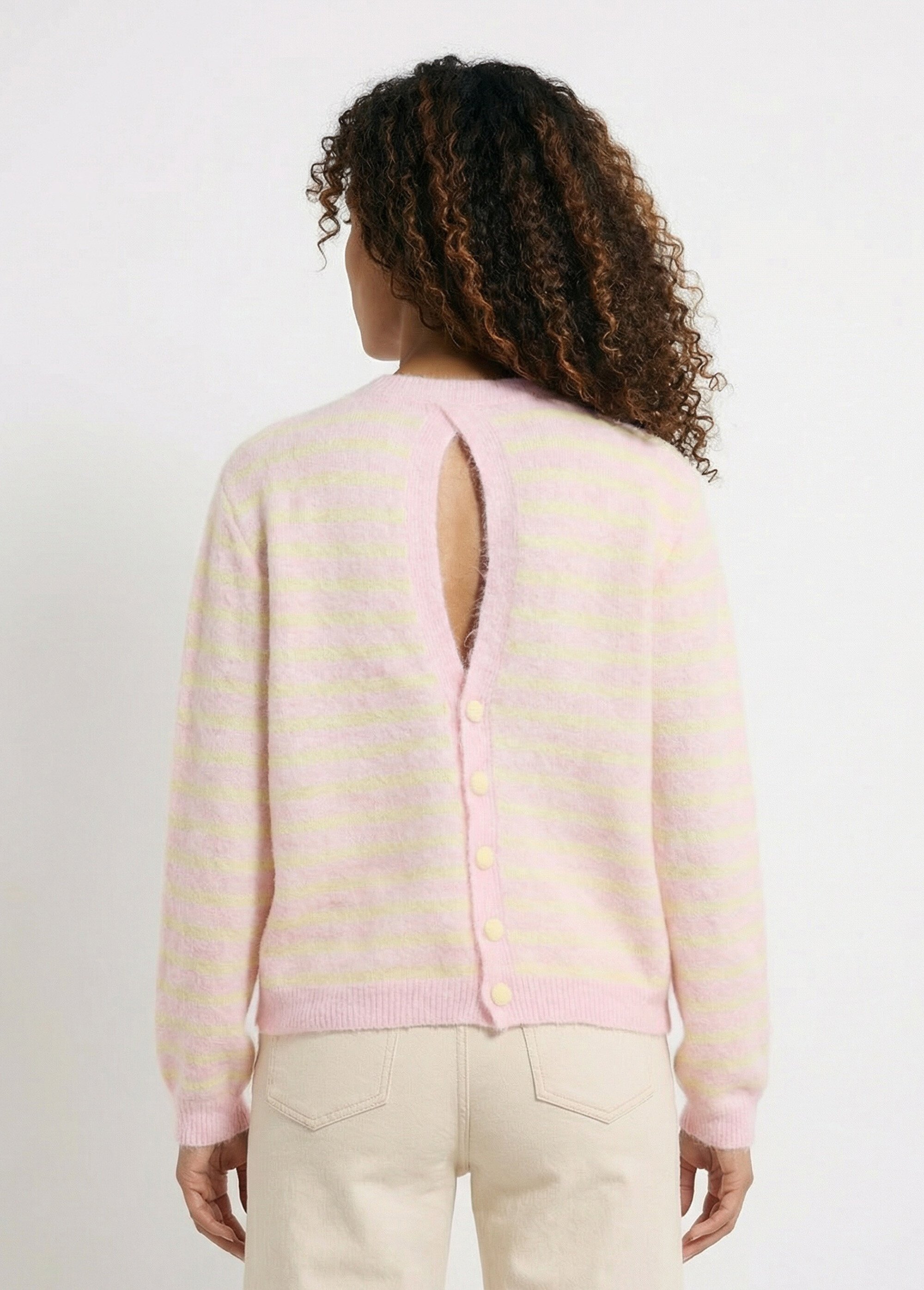 Pull rayé avec laine, dos boutonné Femme Rose IKB-1729 DO1