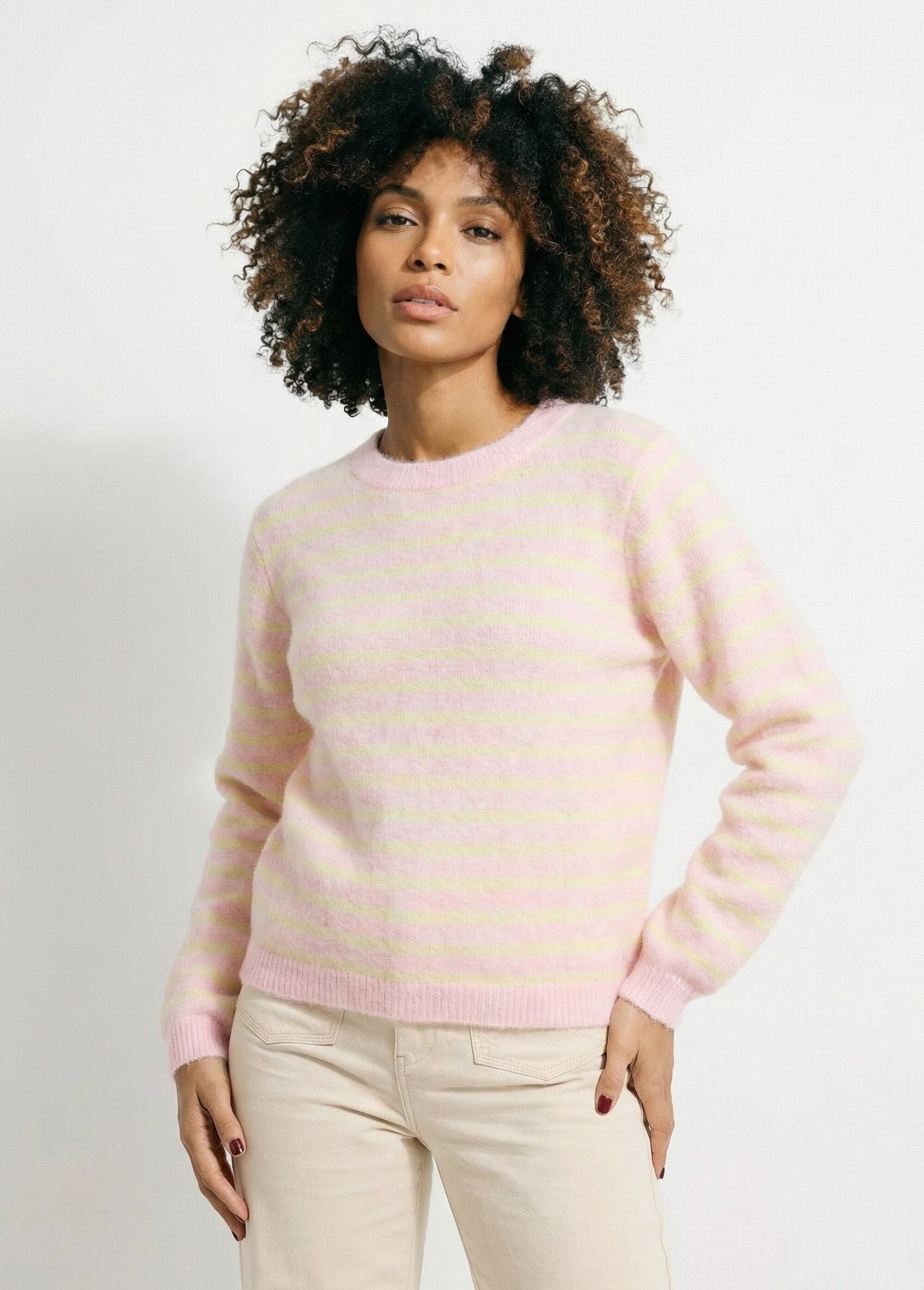 Pull rayé avec laine, dos boutonné Femme Rose IKB-1729 FA1