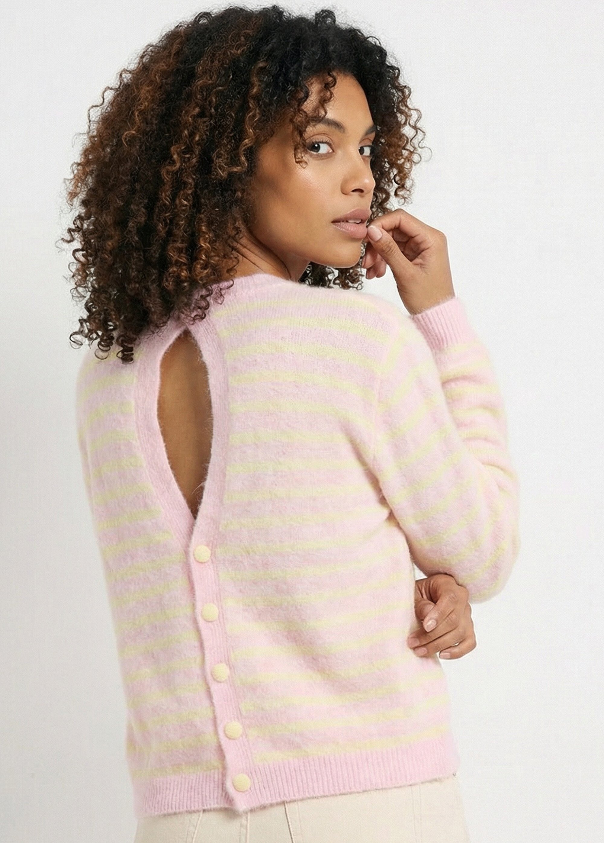 Pull rayé avec laine, dos boutonné Femme Rose IKB-1729 MV2