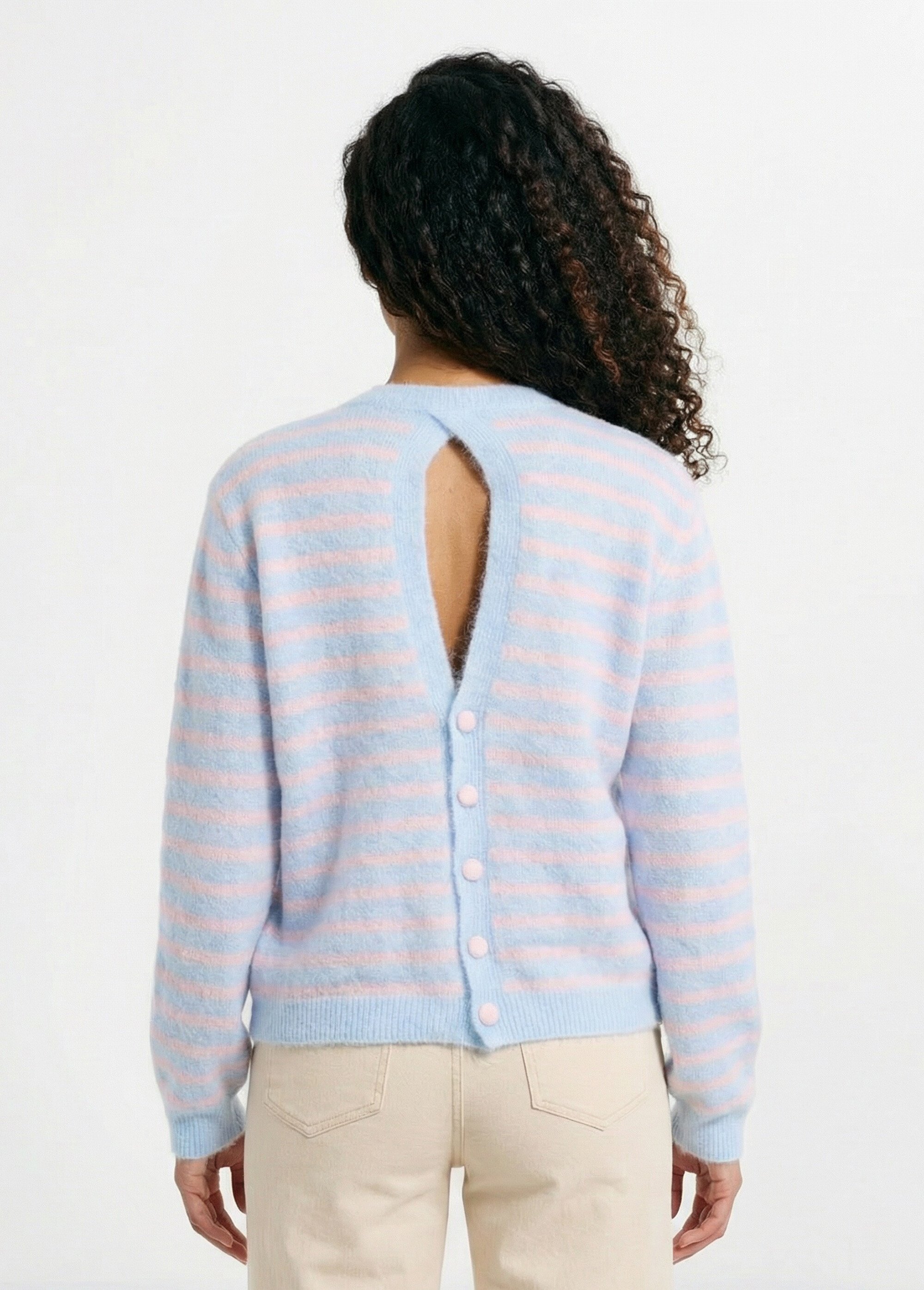 Pull rayé avec laine, dos boutonné Femme Bleu IKB-1729 DO1