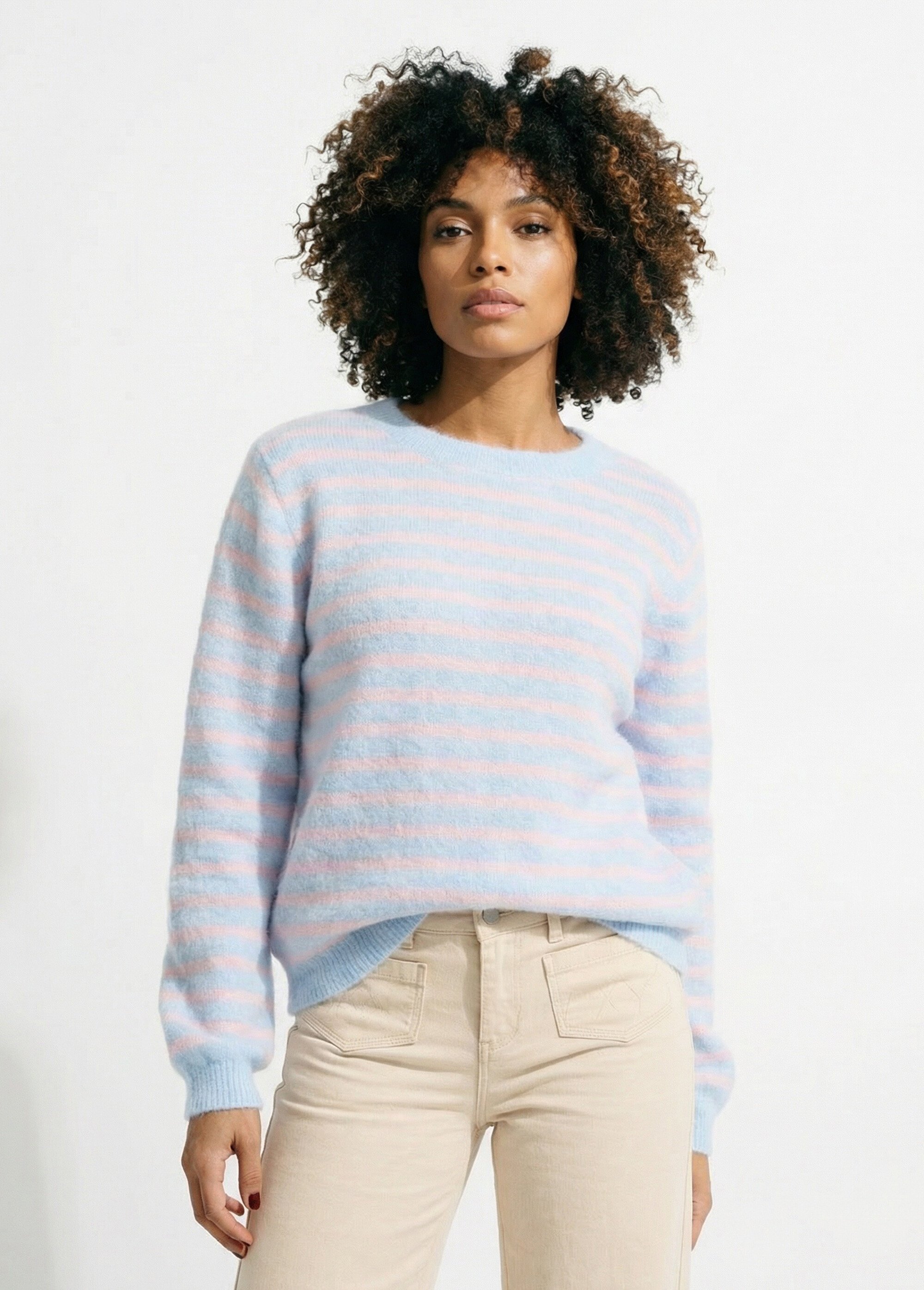 Pull rayé avec laine, dos boutonné Femme Bleu IKB-1729 FA1
