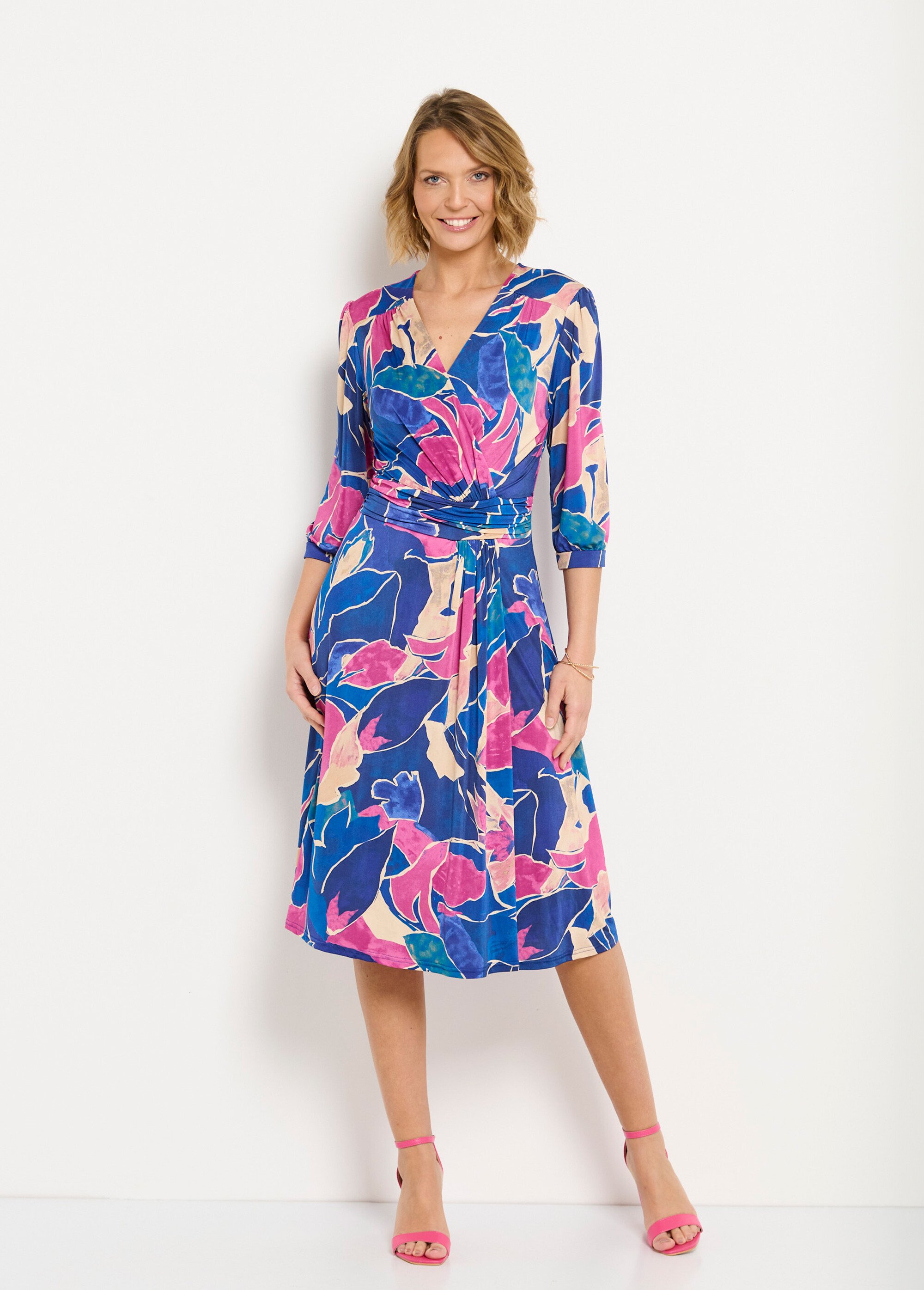 Robe cache-coeur courte motif floral évasée Bleu Afibel