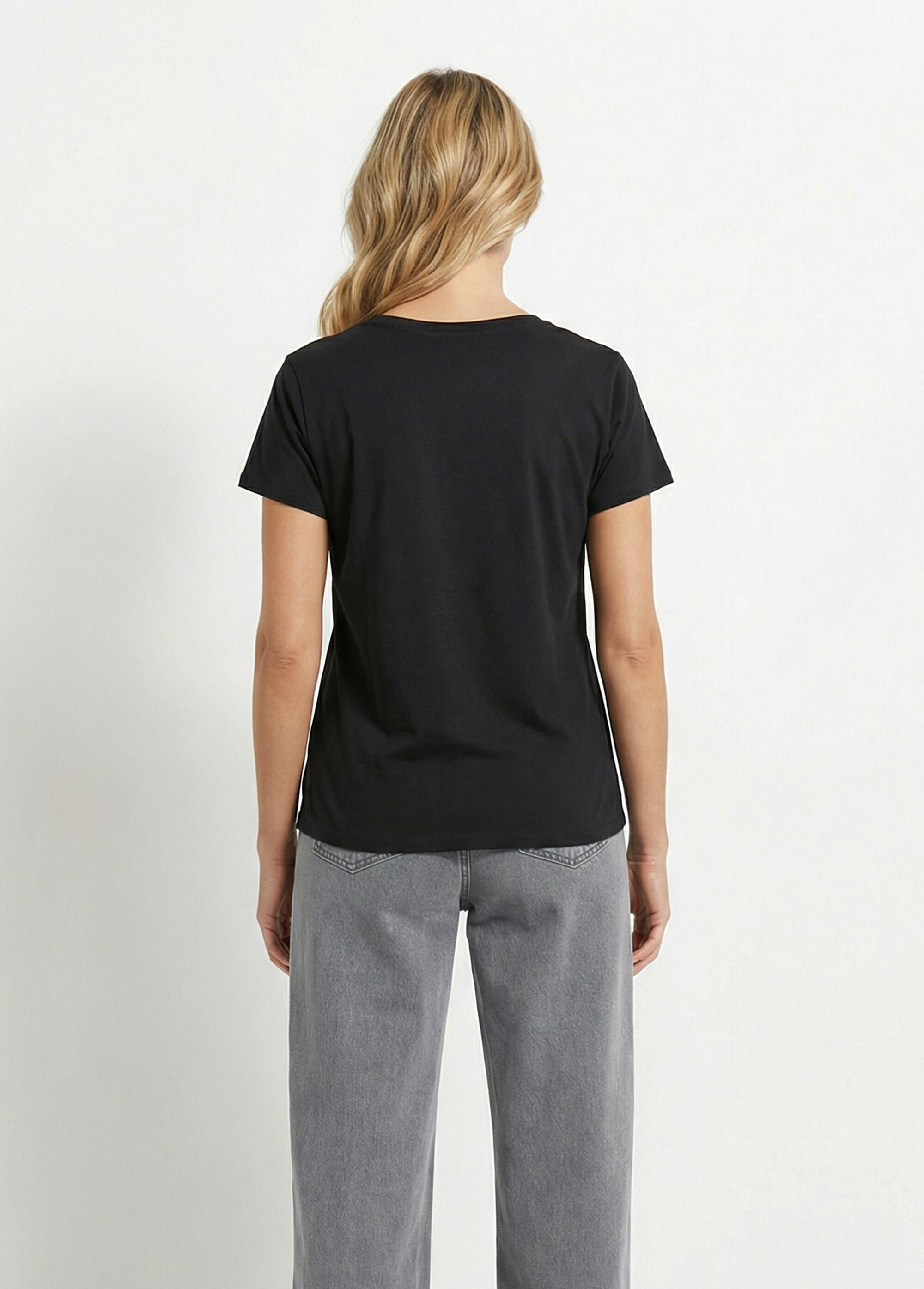 T-shirt col V broderie léopard fluo Femme Noir IKB-5775 DO1