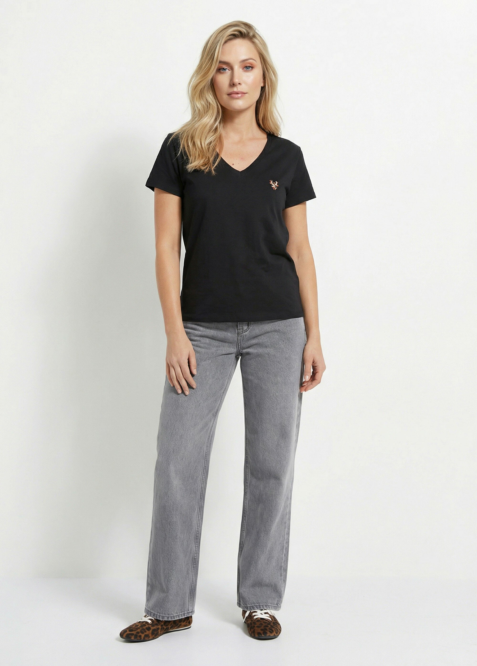 T-shirt col V broderie léopard fluo Femme Noir IKB-5775 SF1