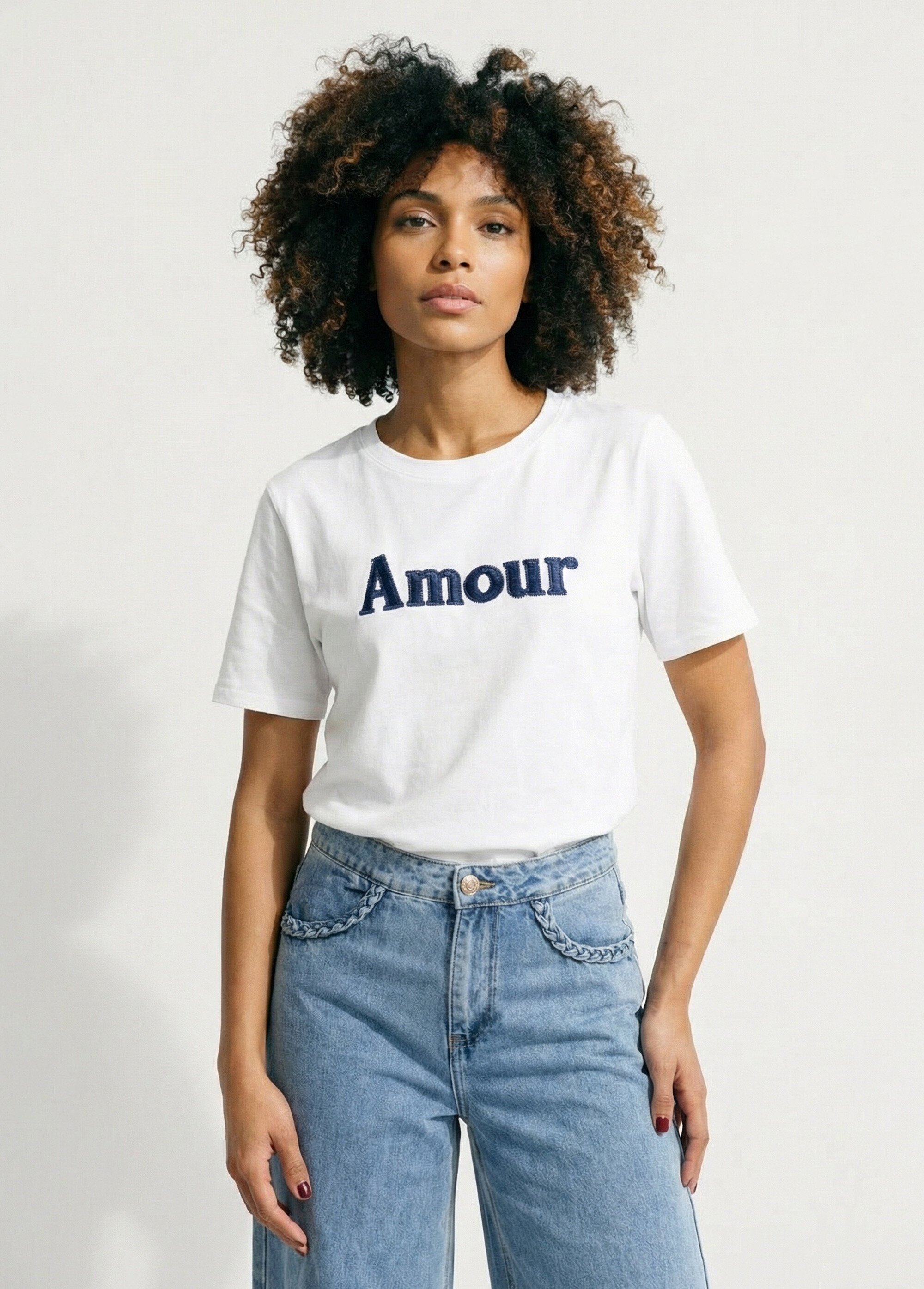 T-shirt coton avec inscription Amour Femme Blanc IKB-50065 FA1